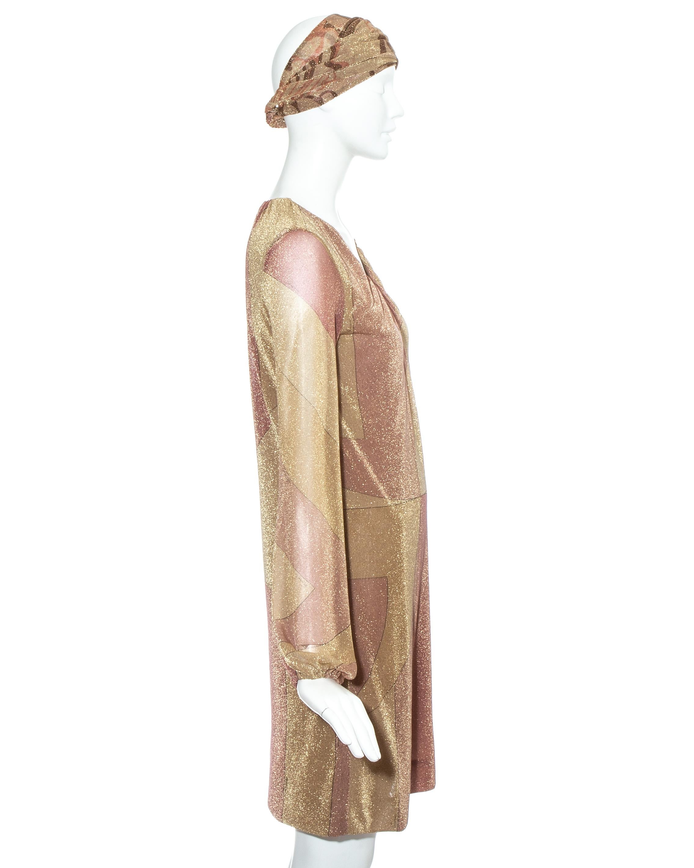 Brown Gucci by Tom Ford pink and gold printed lurex dress with head scarf, fw 2000 For Sale