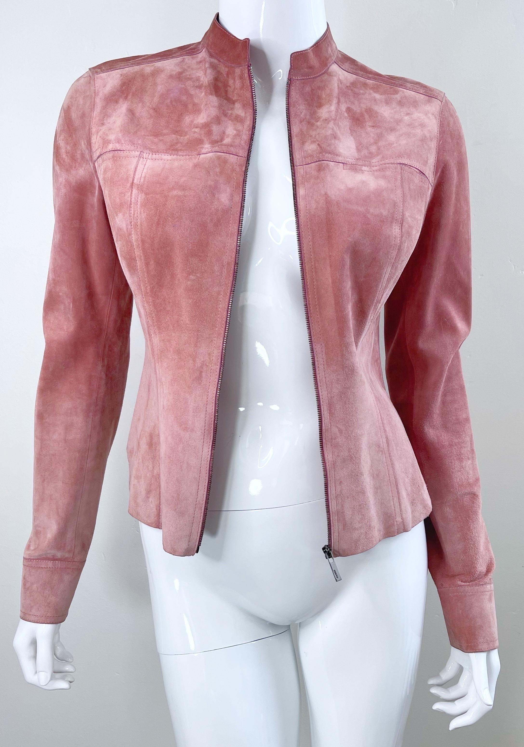 Gucci by Tom Ford Pink Mauve Dusty Rose Suede Leather Vintage Jacket 8
