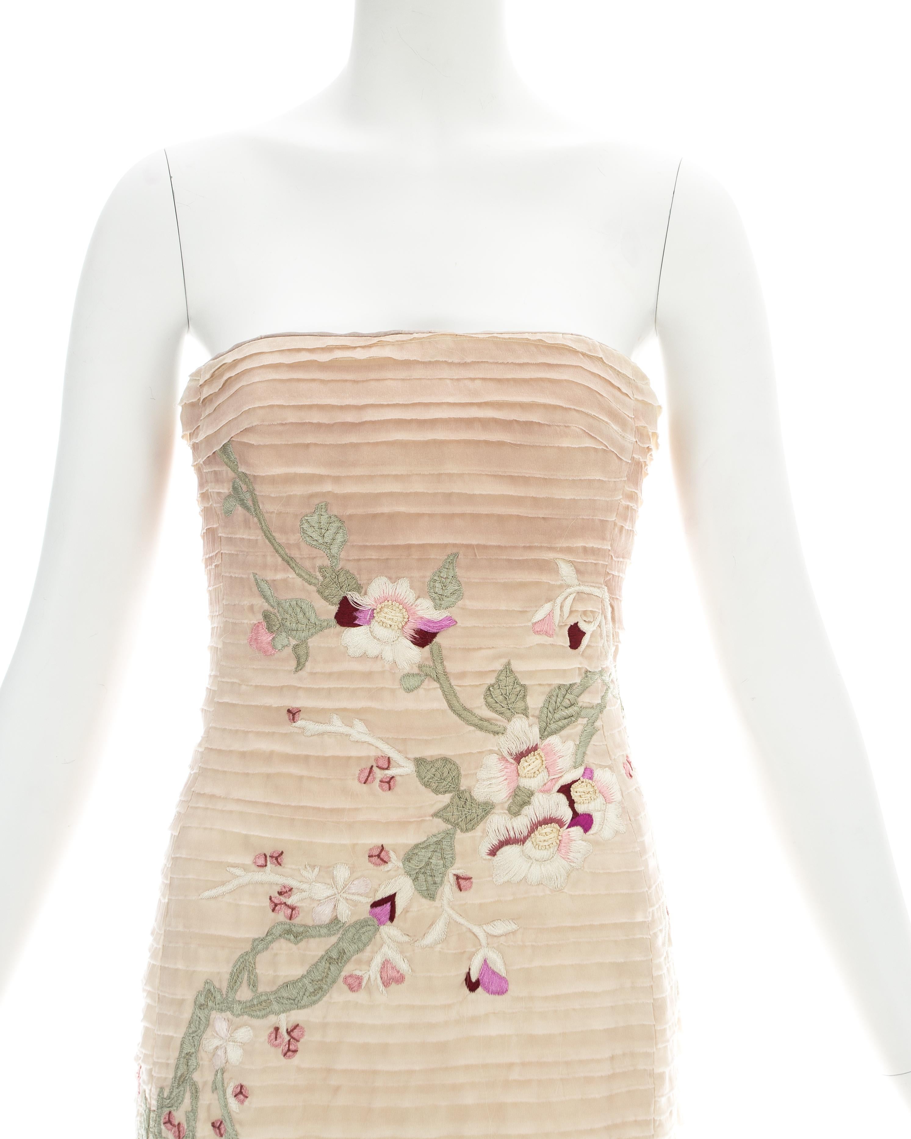 Beige Gucci by Tom Ford pink silk embroidered strapless mini dress, ss 2003