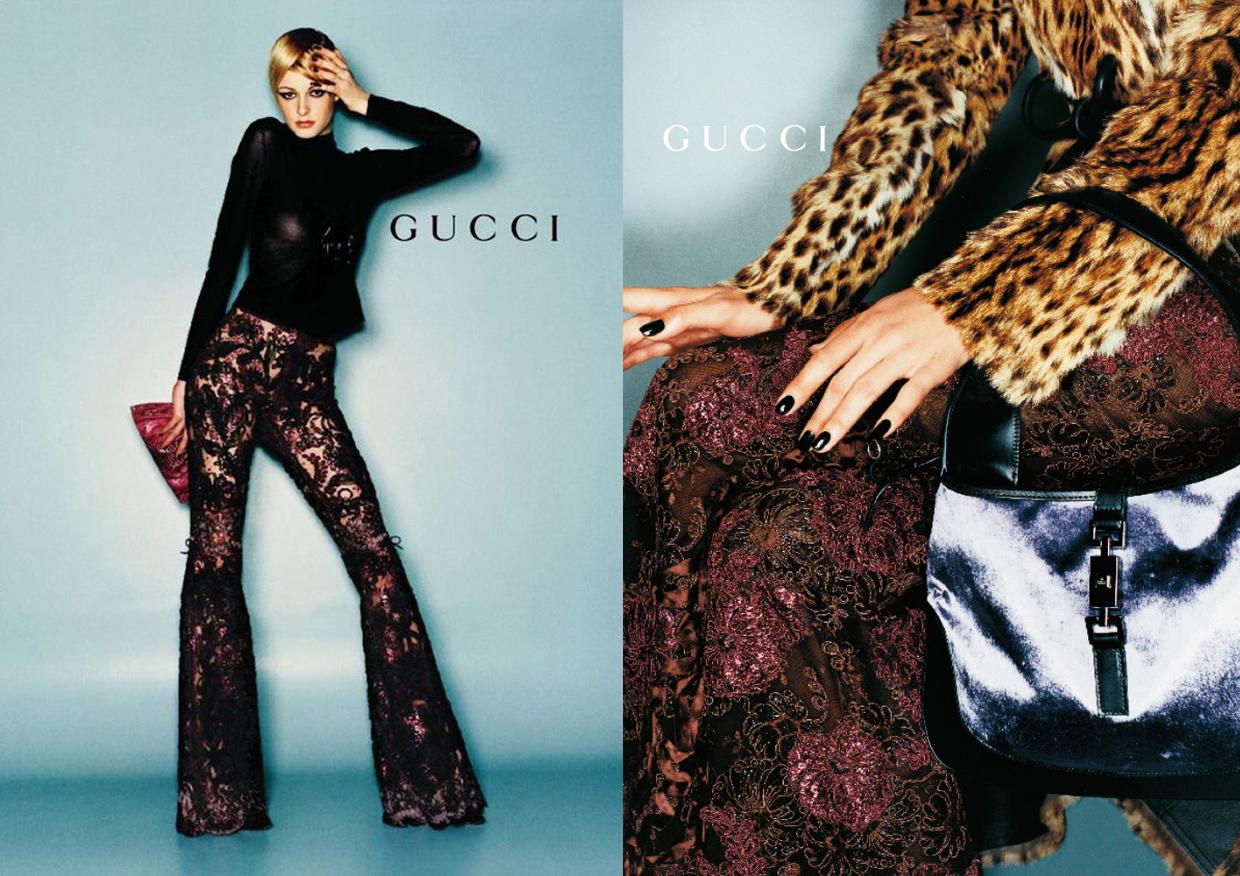 Gucci by Tom Ford purple embroidered lace and silk flared evening pants with leather ribbon bows on knees

Fall-Winter 1999