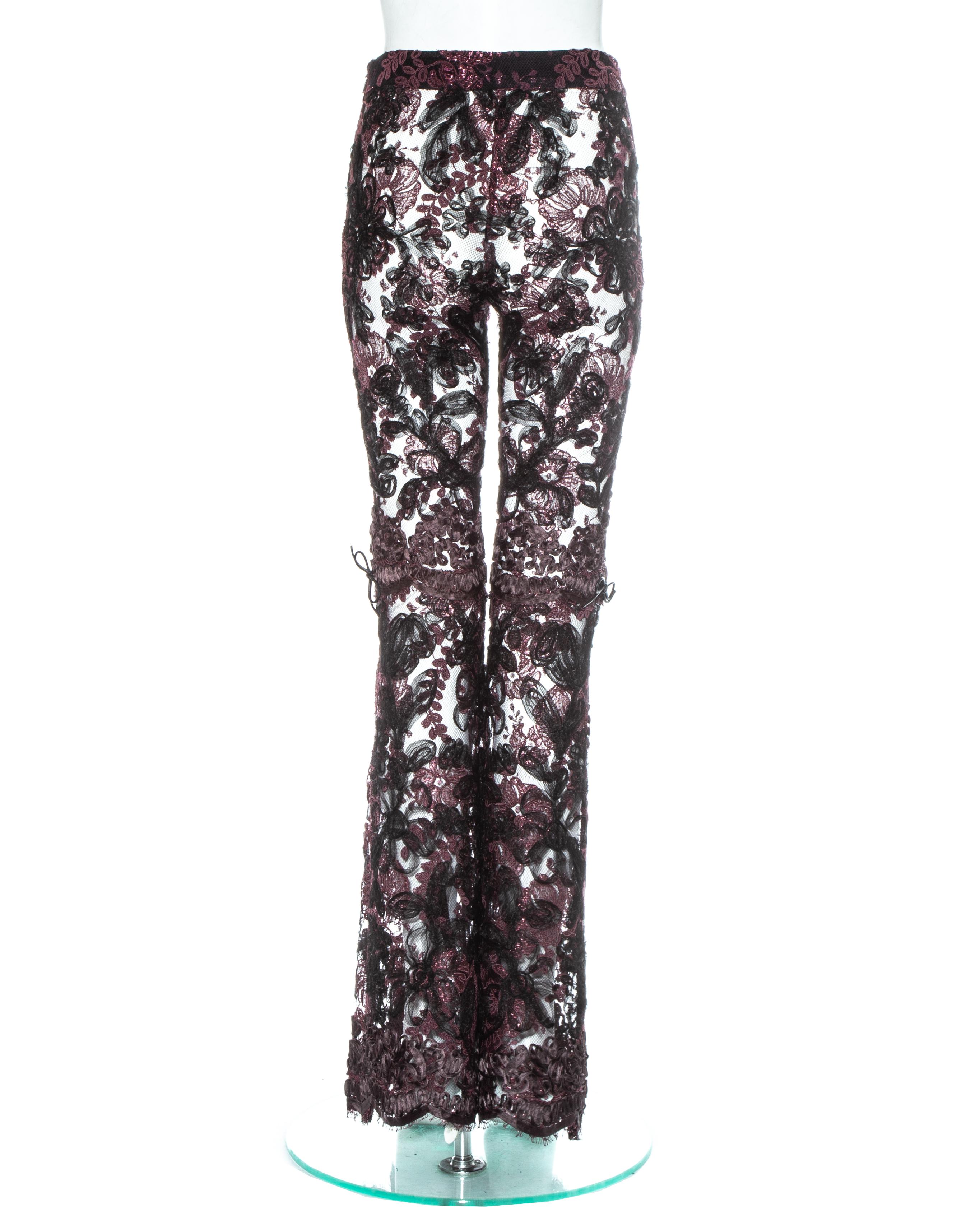 Black Gucci by Tom Ford purple embroidered lace flared evening pants, fw 1999 For Sale