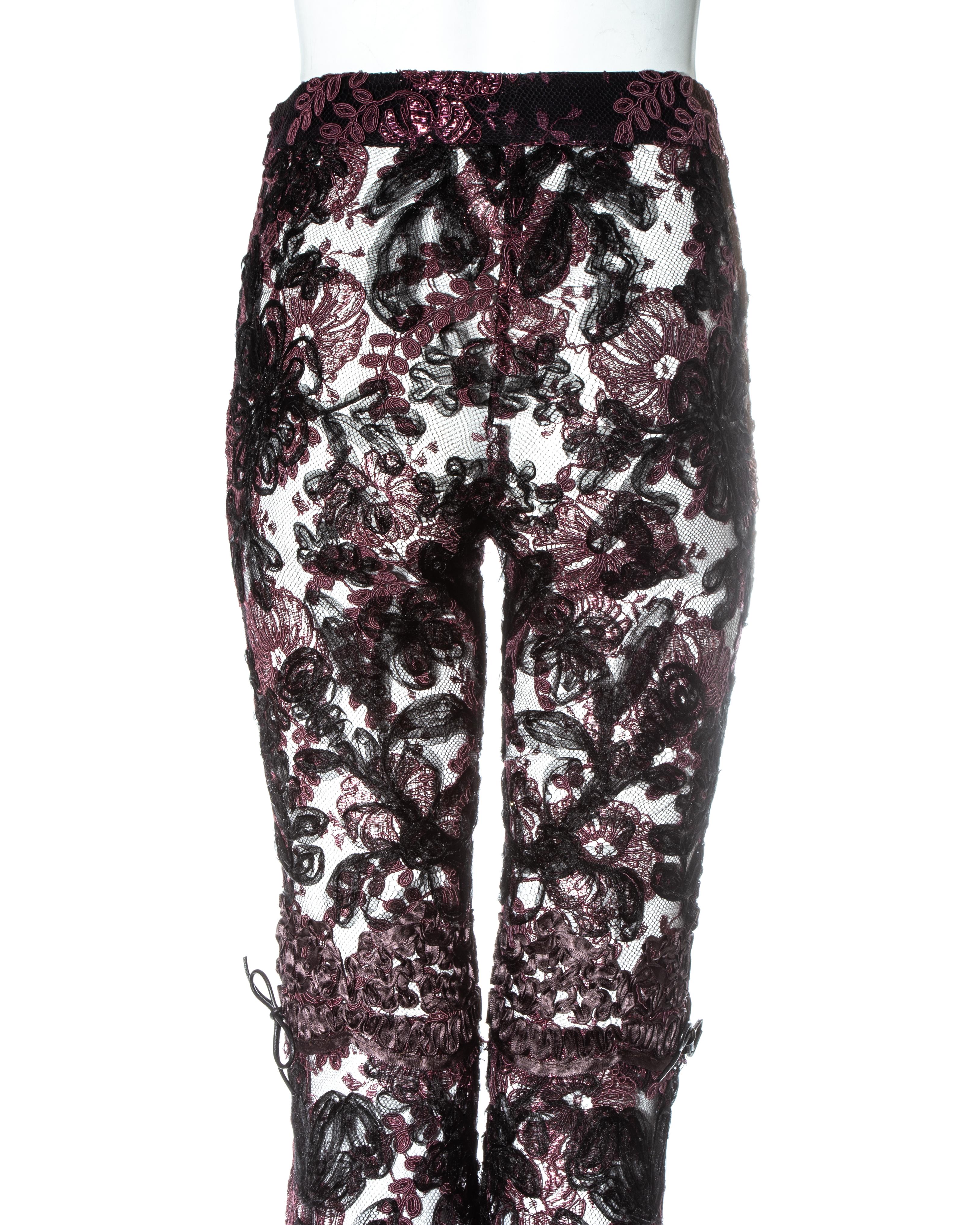 Gucci by Tom Ford purple embroidered lace flared evening pants, fw 1999 In Excellent Condition For Sale In London, GB