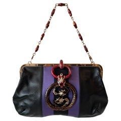 Gucci By Tom Ford Purple Satin 
Black Leather Serpent 
Snake Emblem Bag 2004