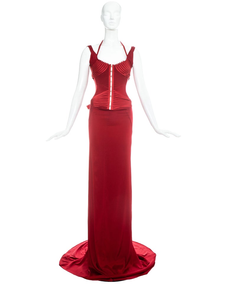 Gucci by Tom Ford red silk corseted trained evening dress, fw 2003