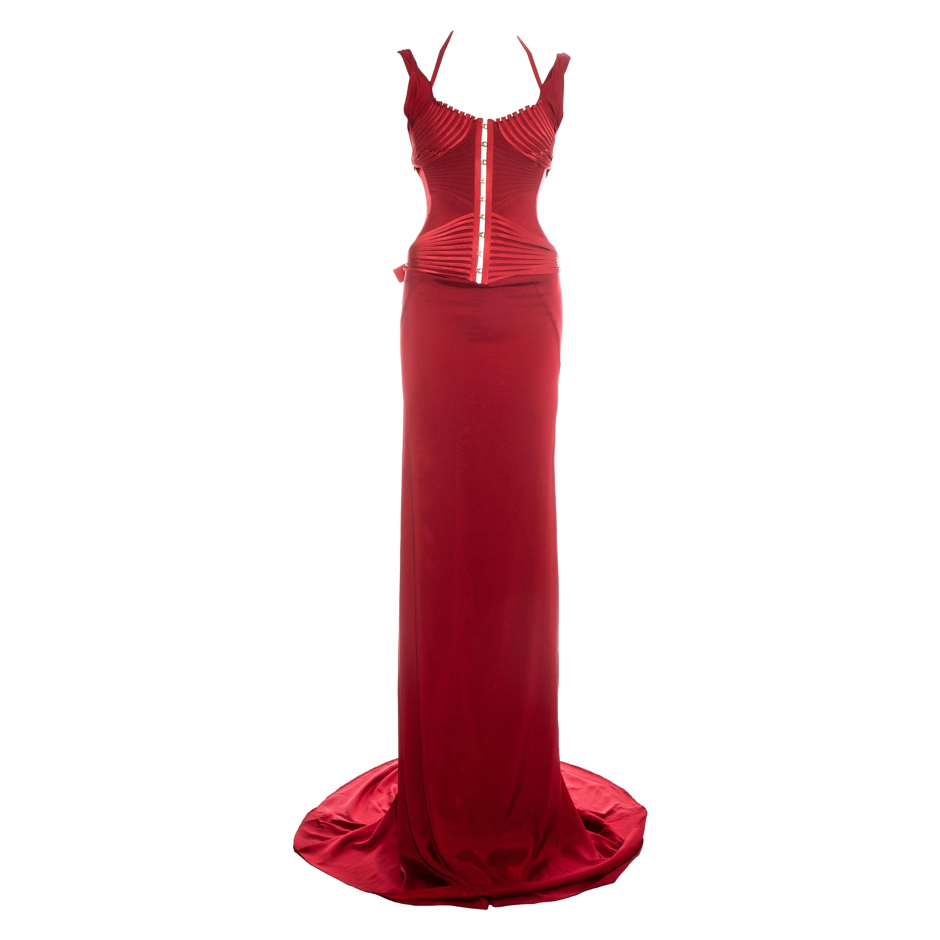 Gucci by Tom Ford red silk corseted trained evening dress, fw 2003