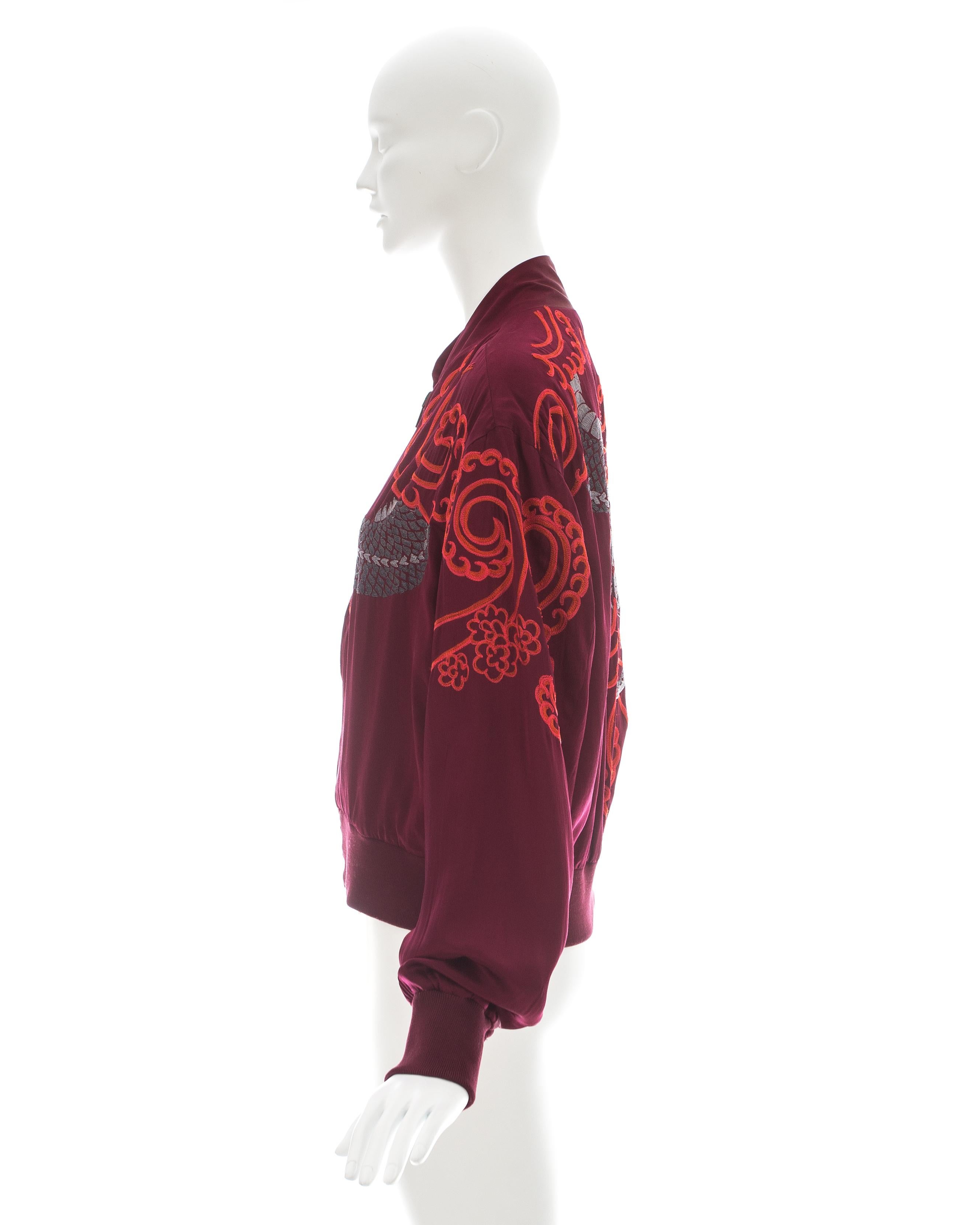 Brown Gucci by Tom Ford red silk embroidered reversible bomber jacket, ca. 2001 For Sale