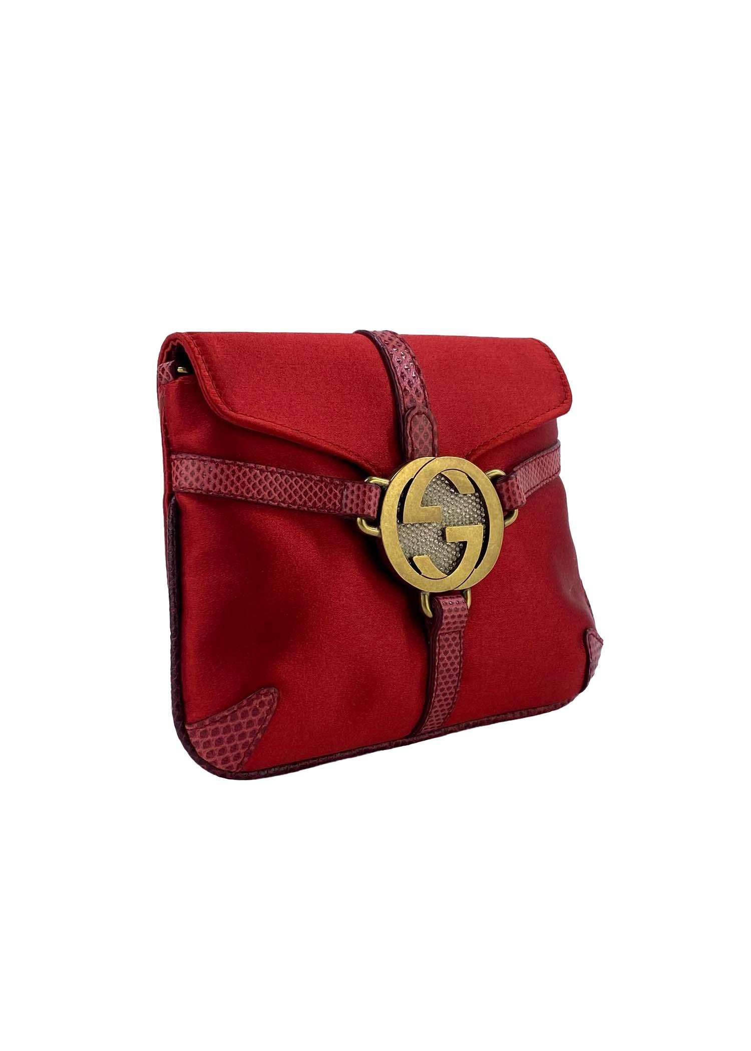 Women's Gucci by Tom Ford Red Silk Rhinestone 'GG' Logo Reins Thong Mini Crossbody Bag