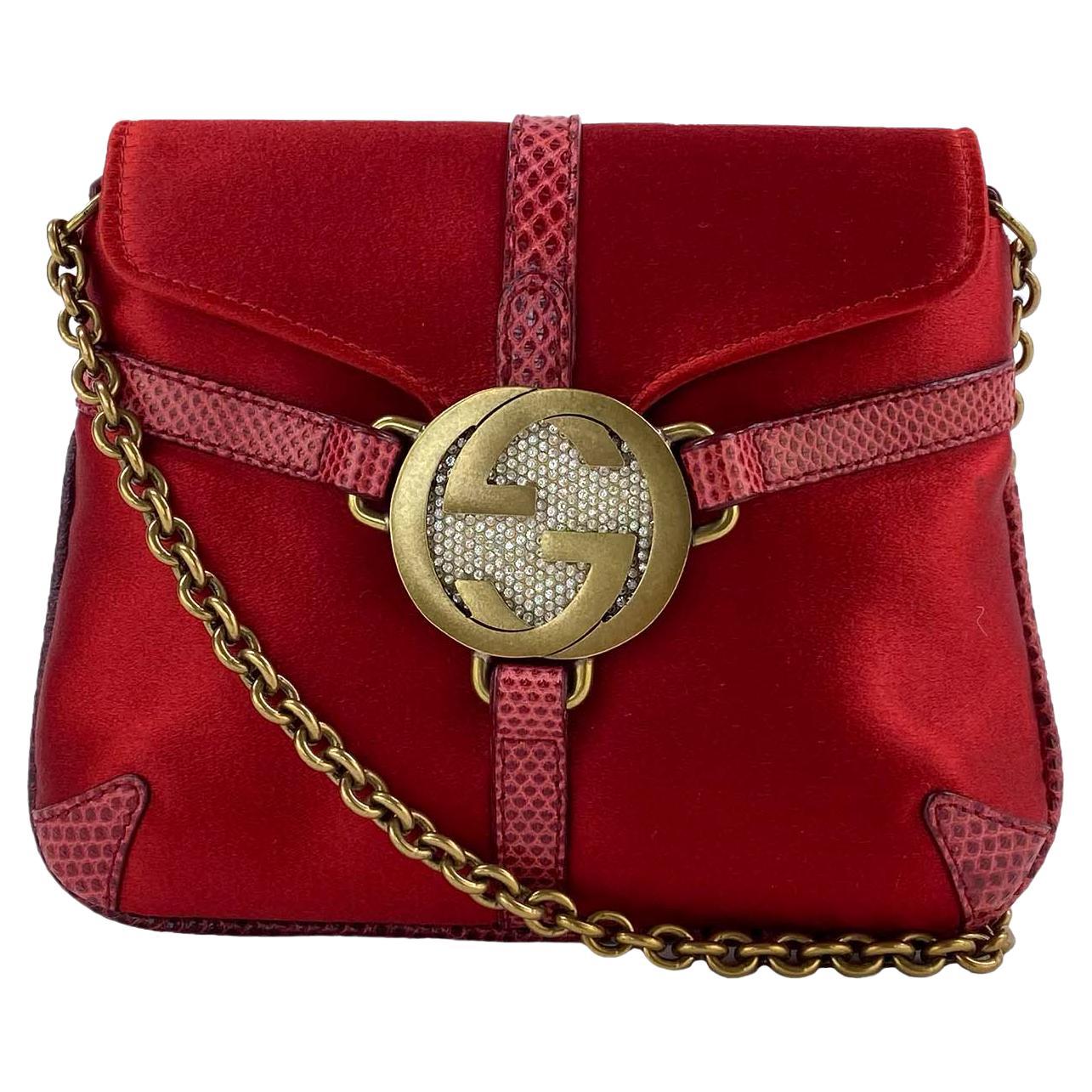 Gucci by Tom Ford Red Silk Rhinestone 'GG' Logo Reins Thong Mini Crossbody Bag