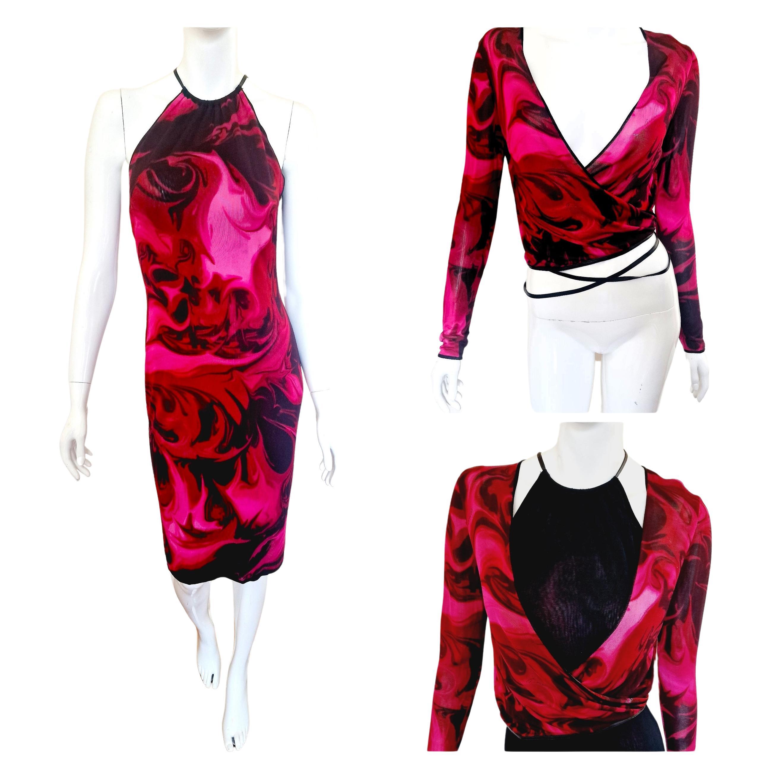 GUCCI by TOM FORD Laufsteg F/S 2001 Vintage Lava Print Rosa Kleid Top Strickjacke Set