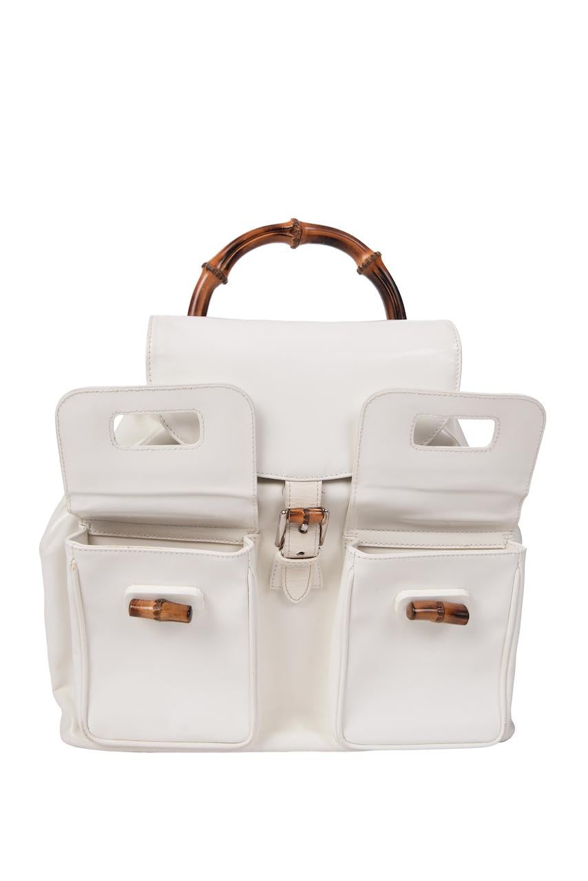 Women's or Men's GUCCI by Tom Ford S/S 1994 Ad Campaign White Patent Bamboo Medium Backpack Bag