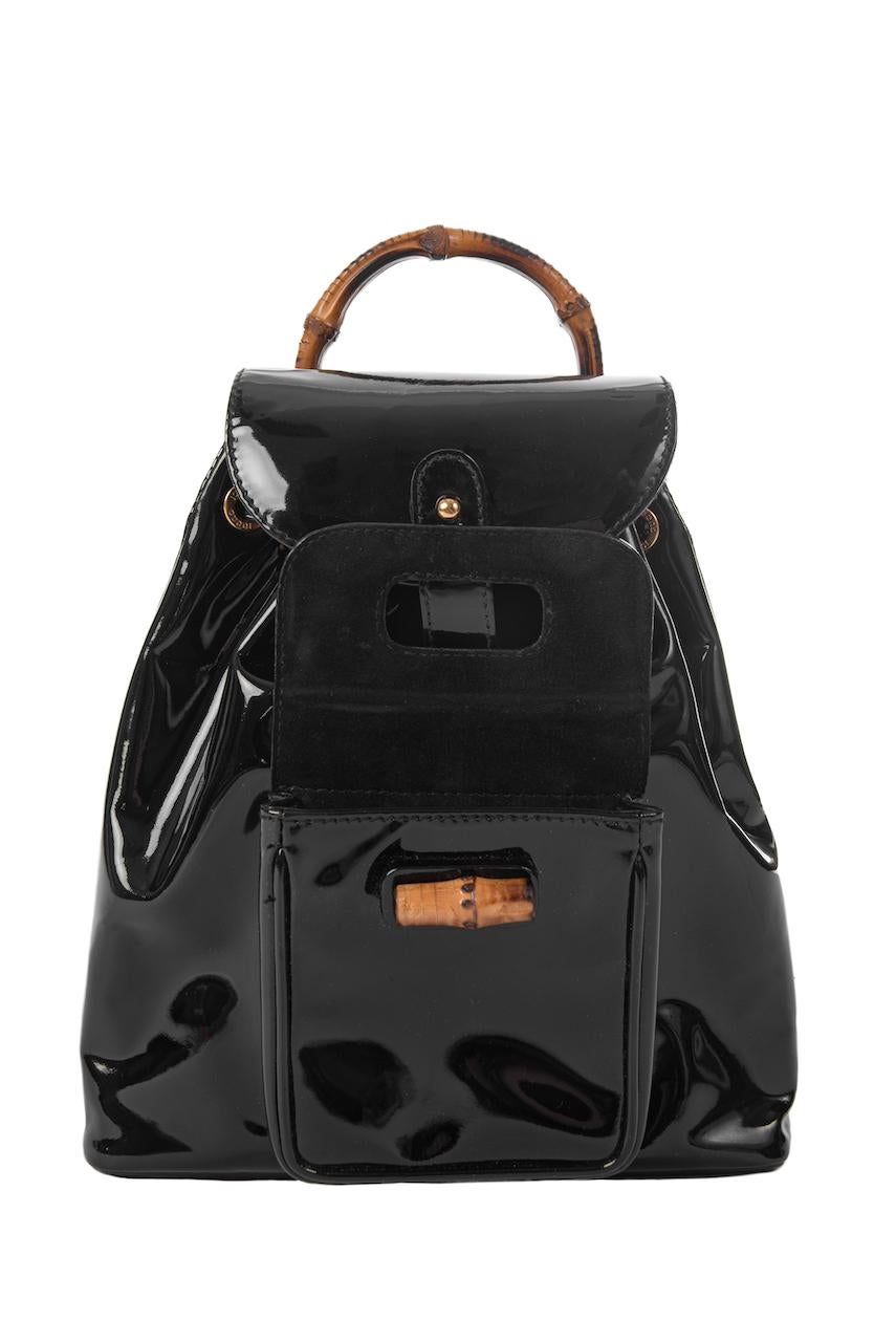 GUCCI by Tom Ford Fall 1994 Documented Small Black Patent Bamboo Backpack 1
