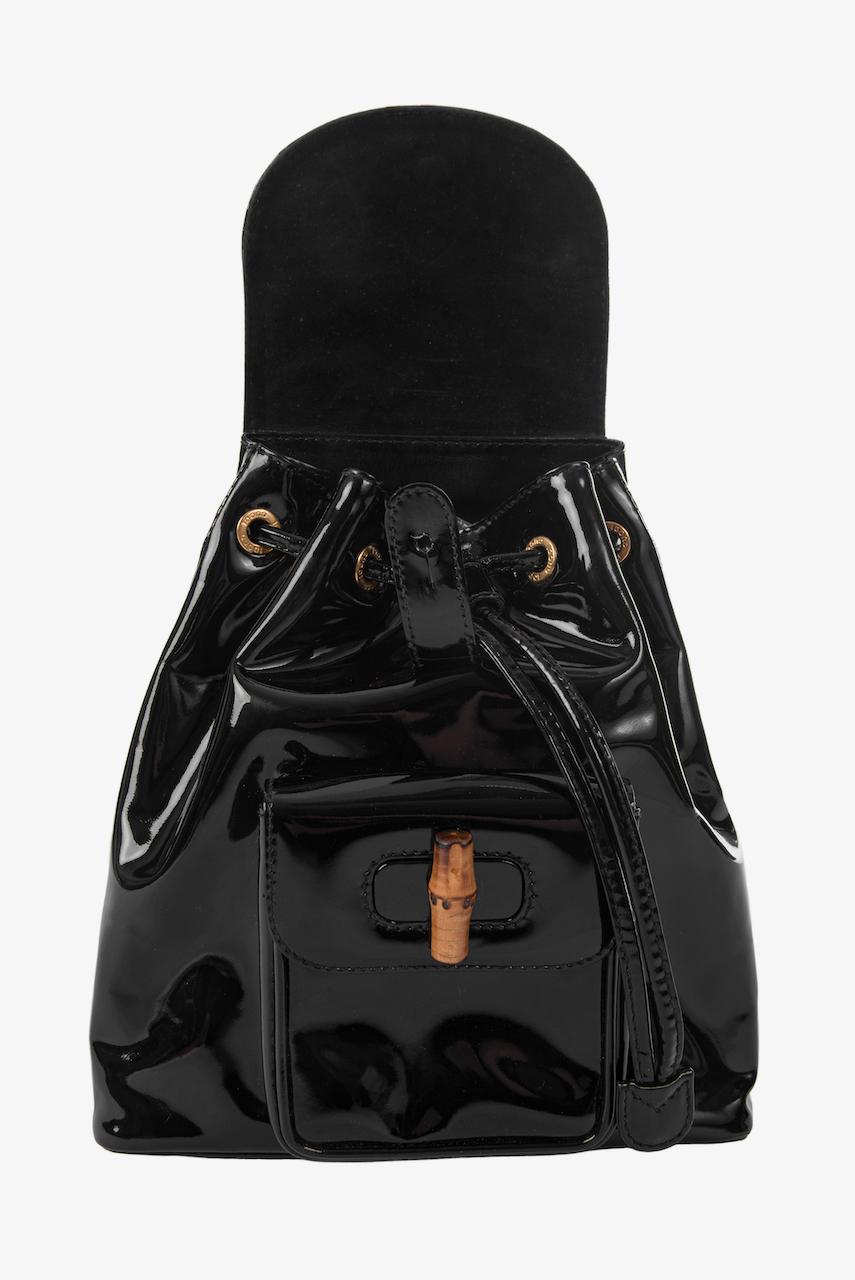 GUCCI by Tom Ford Fall 1994 Documented Small Black Patent Bamboo Backpack 3
