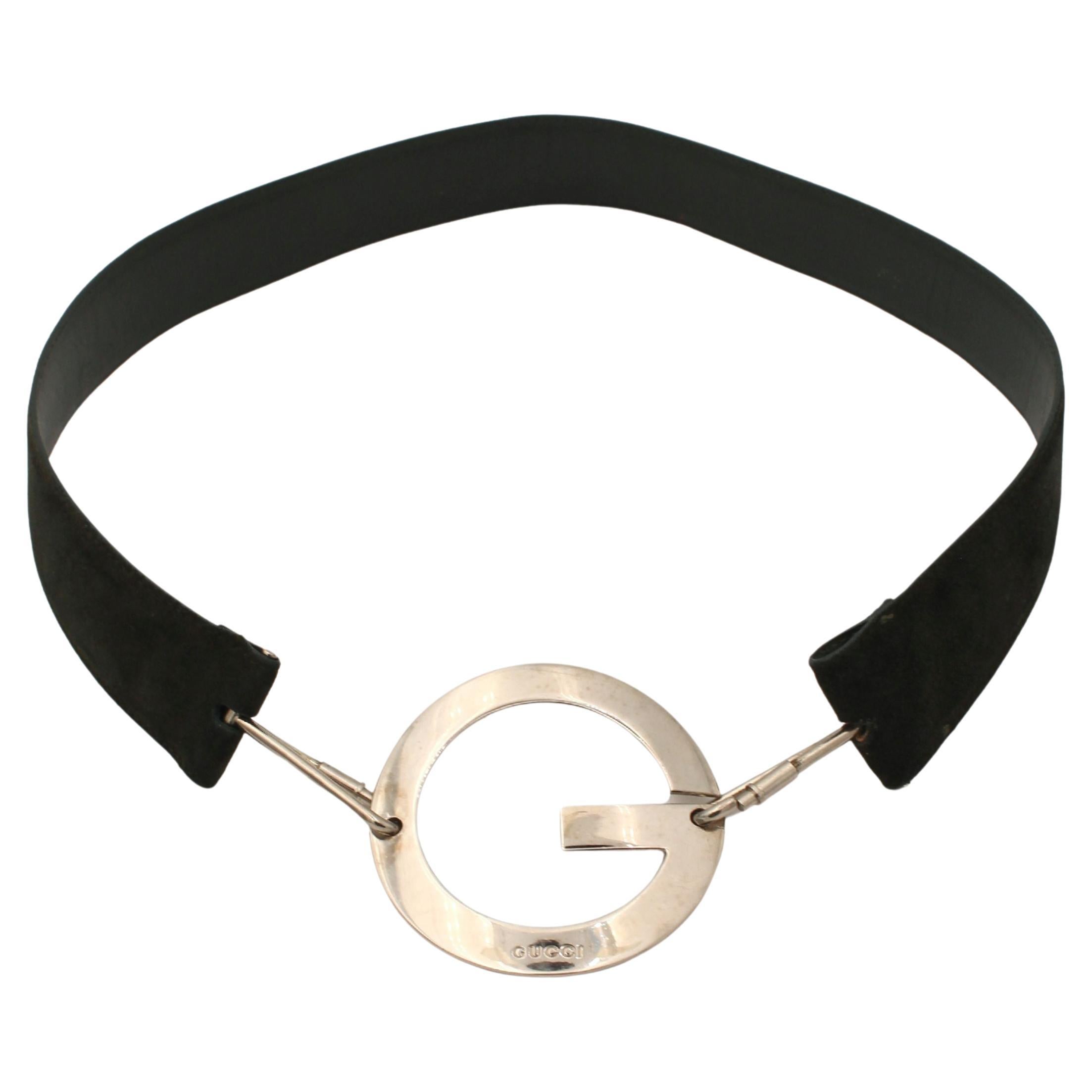 da uomo o donna Gucci by Tom Ford S/S 1996 Cintura oversize in metallo argentato con fibbia G in pelle scamosciata in vendita