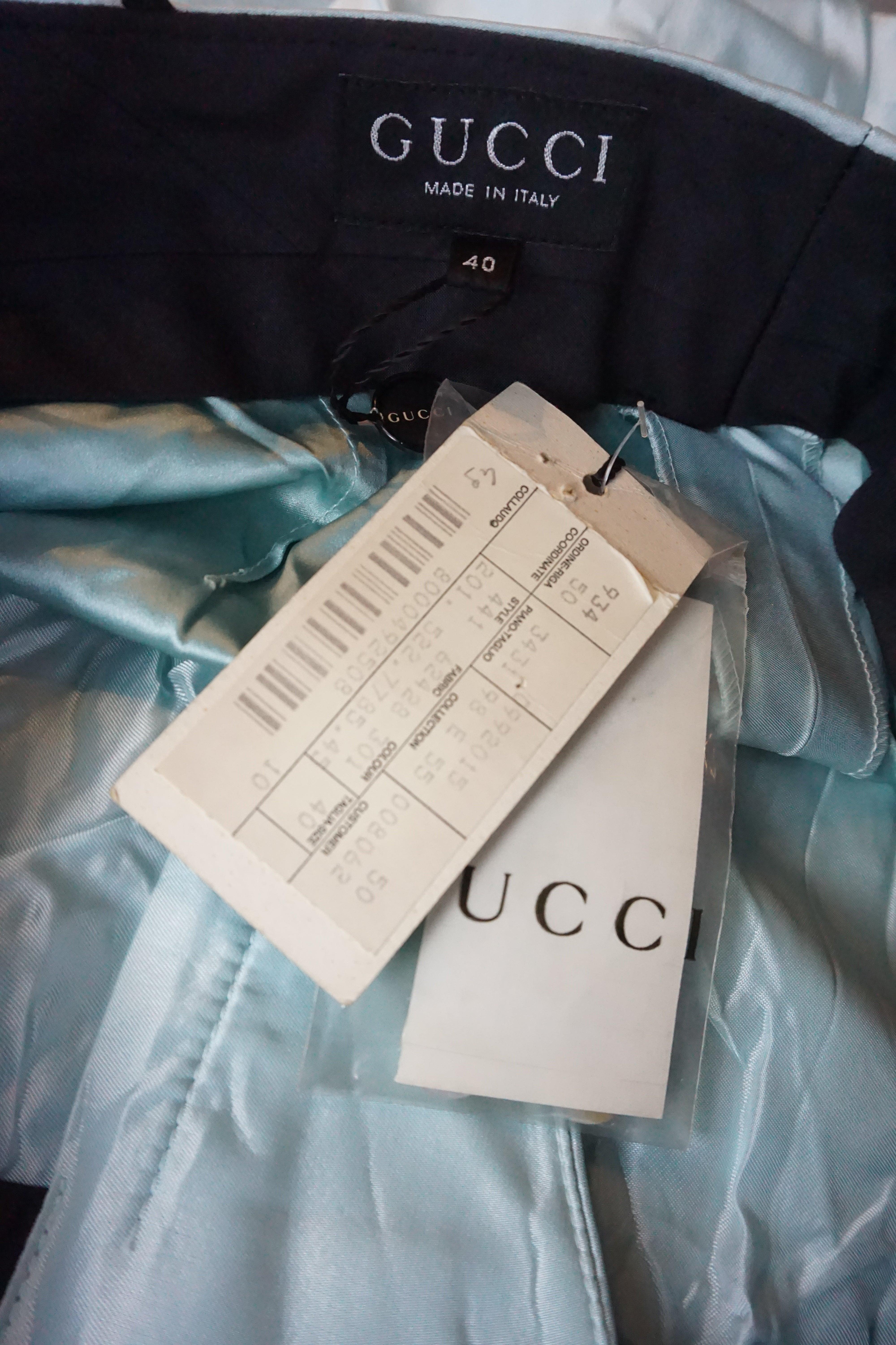 GUCCI By Tom Ford S/s 1998 Baby Blue Silk Crystal G String Buckle Pants For Sale 6