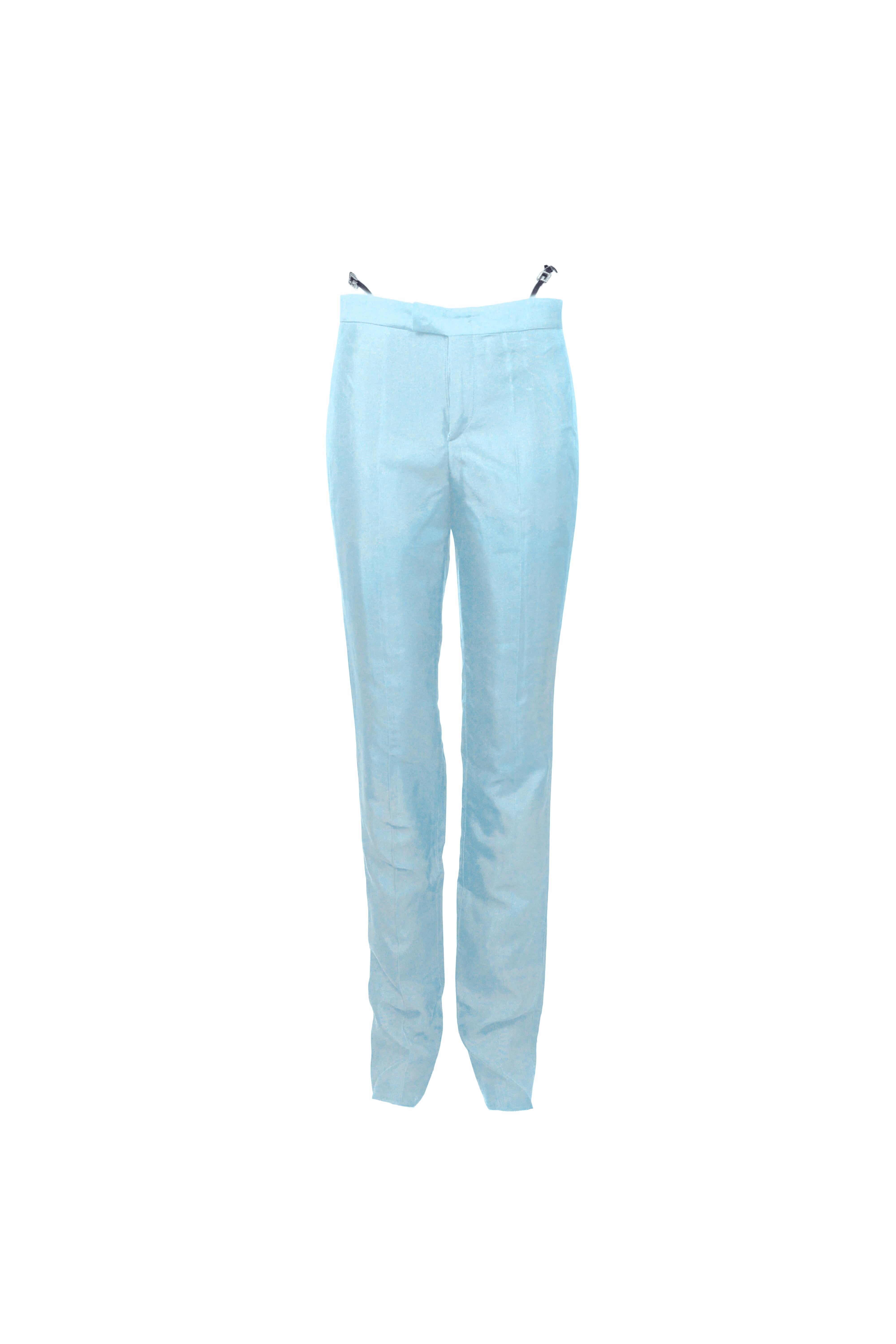 GUCCI By Tom Ford S/s 1998 Baby Blue Silk Crystal G String Buckle Pants In Excellent Condition For Sale In 上海市, Xuhui district