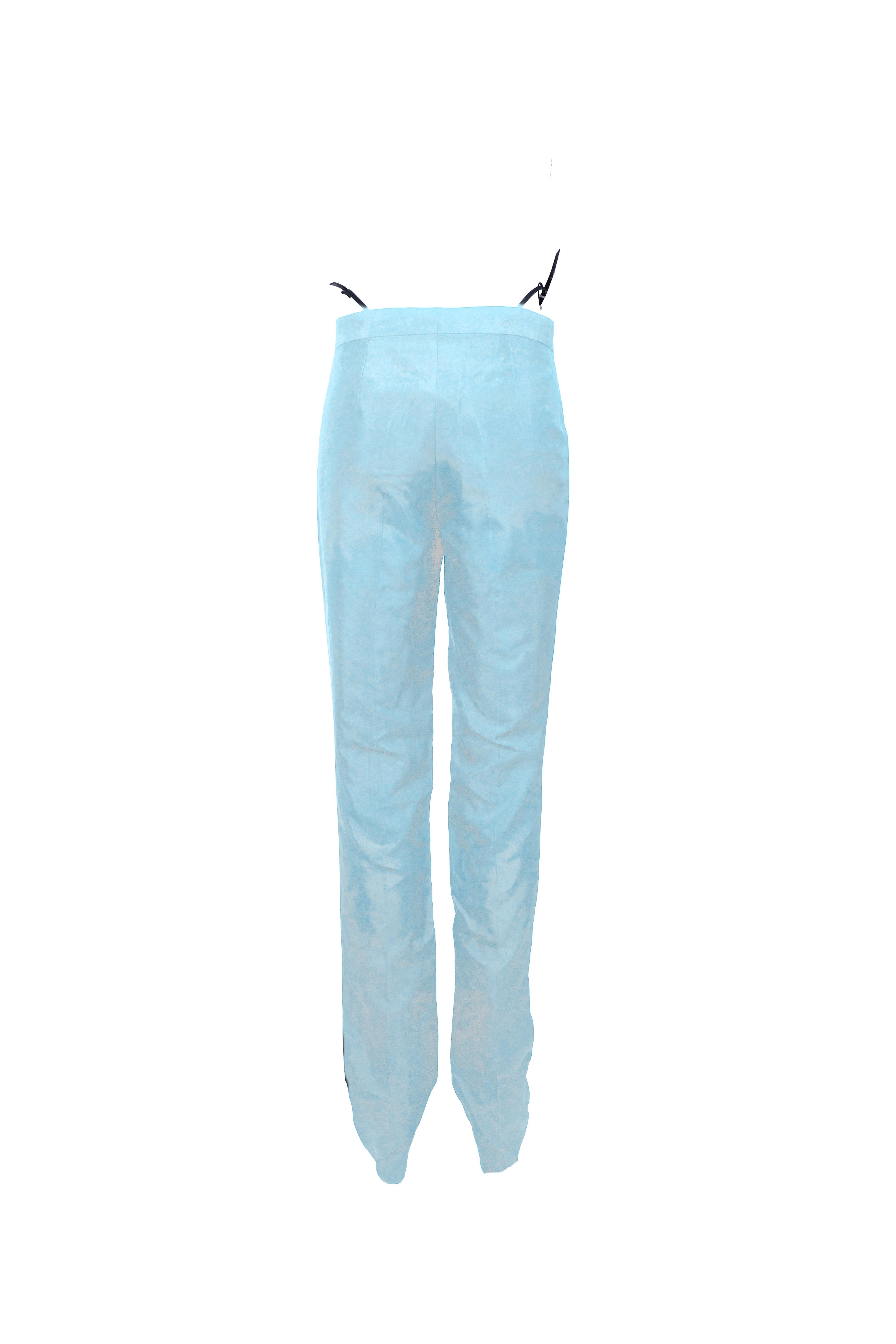 GUCCI By Tom Ford S/s 1998 Baby Blue Silk Crystal G String Buckle Pants For Sale 1