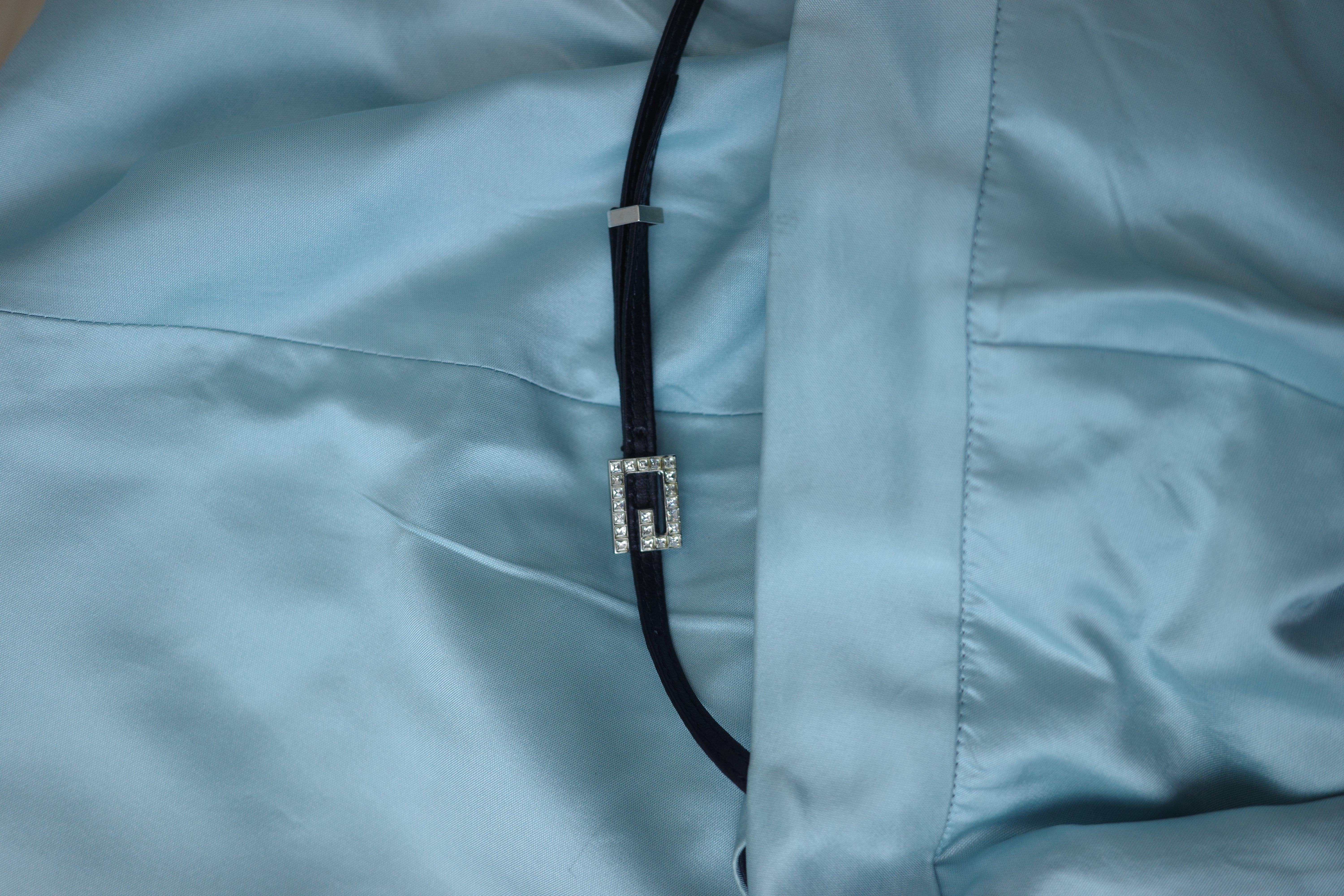 GUCCI By Tom Ford S/s 1998 Baby Blue Silk Crystal G String Buckle Pants For Sale 2