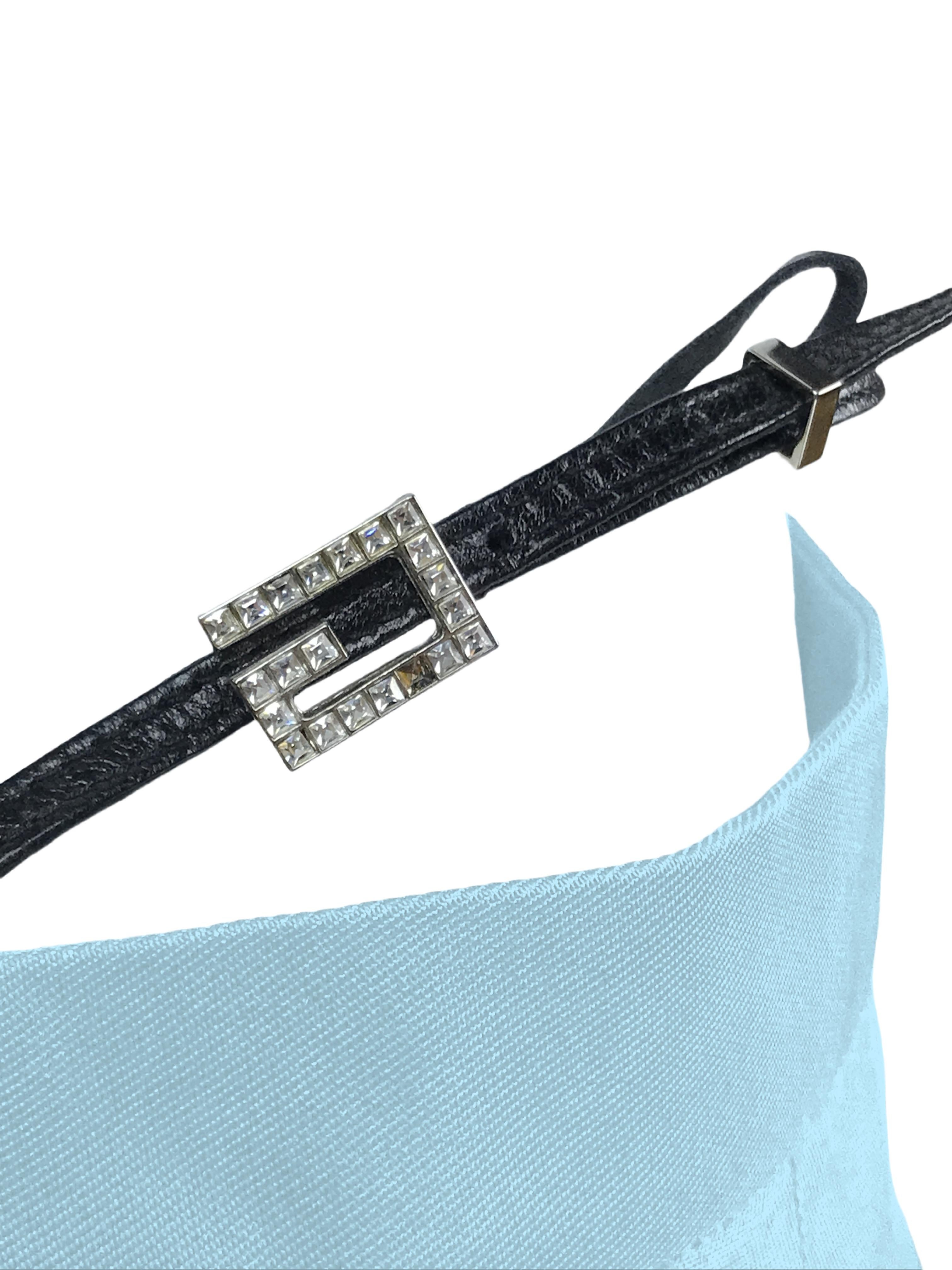 GUCCI By Tom Ford S/s 1998 Baby Blue Silk Crystal G String Buckle Pants For Sale 3