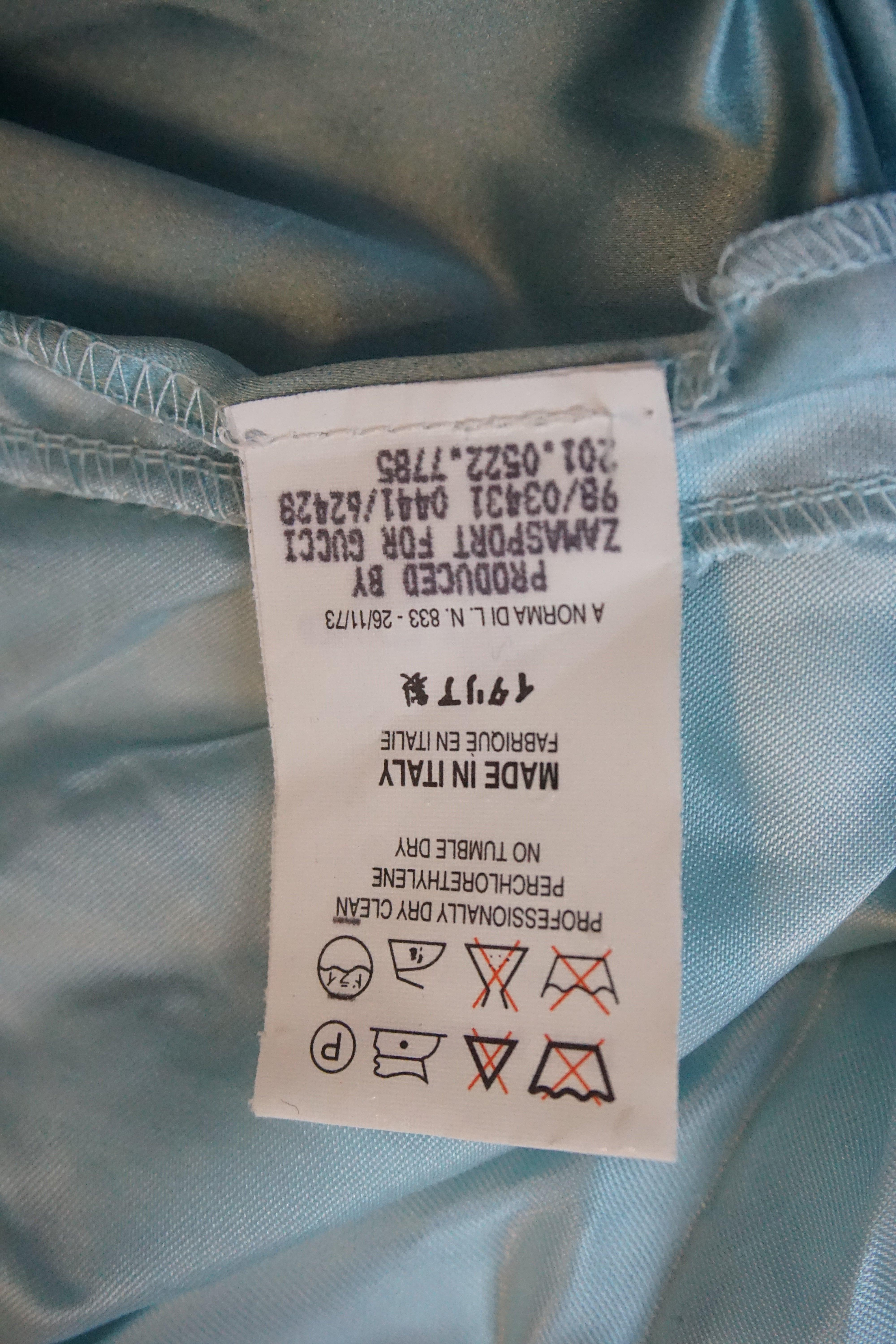 GUCCI By Tom Ford S/s 1998 Baby Blue Silk Crystal G String Buckle Pants For Sale 4