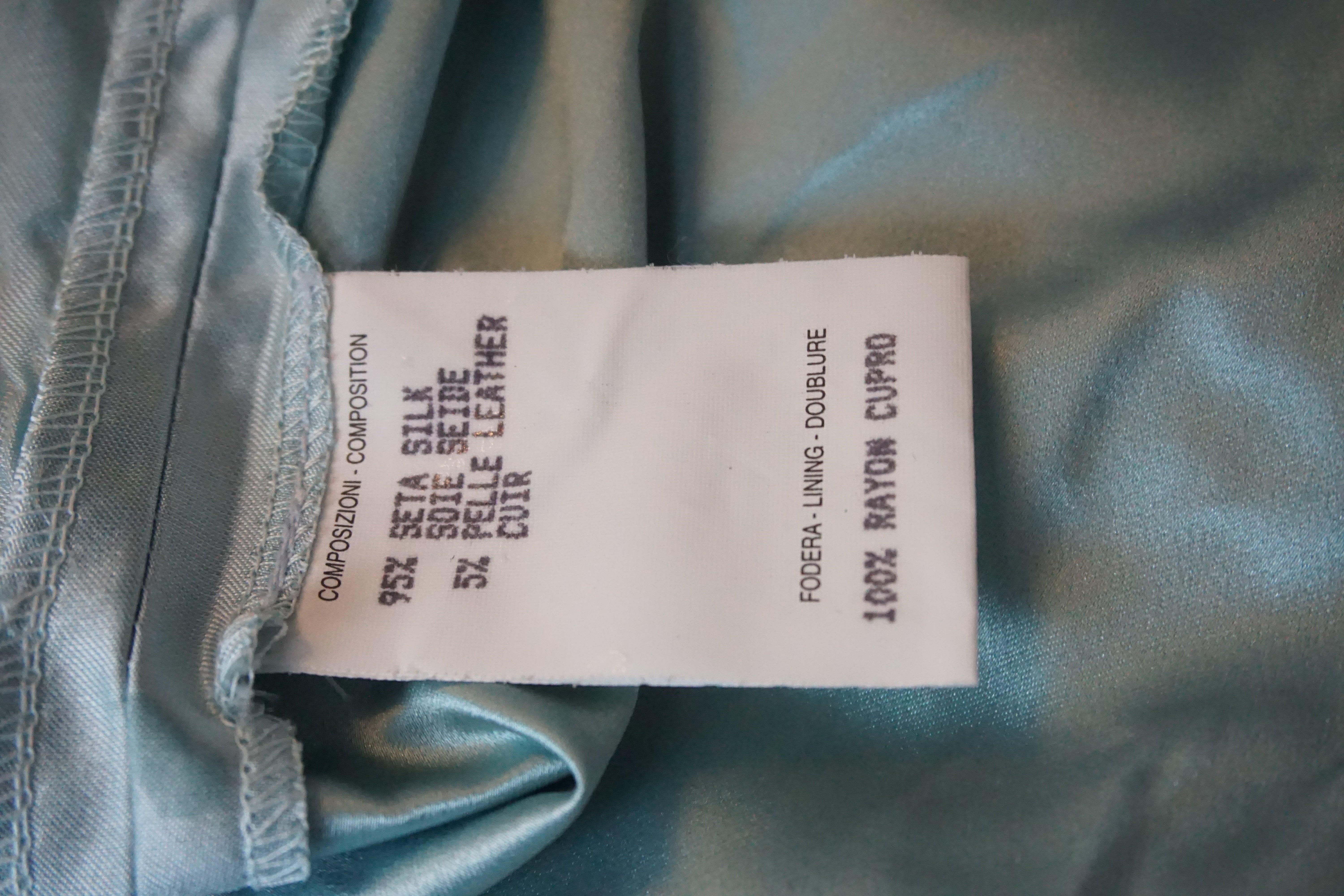 GUCCI By Tom Ford S/s 1998 Baby Blue Silk Crystal G String Buckle Pants For Sale 5