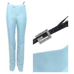 GUCCI By Tom Ford S/s 1998 Baby Blue Silk Crystal G String Buckle Pants