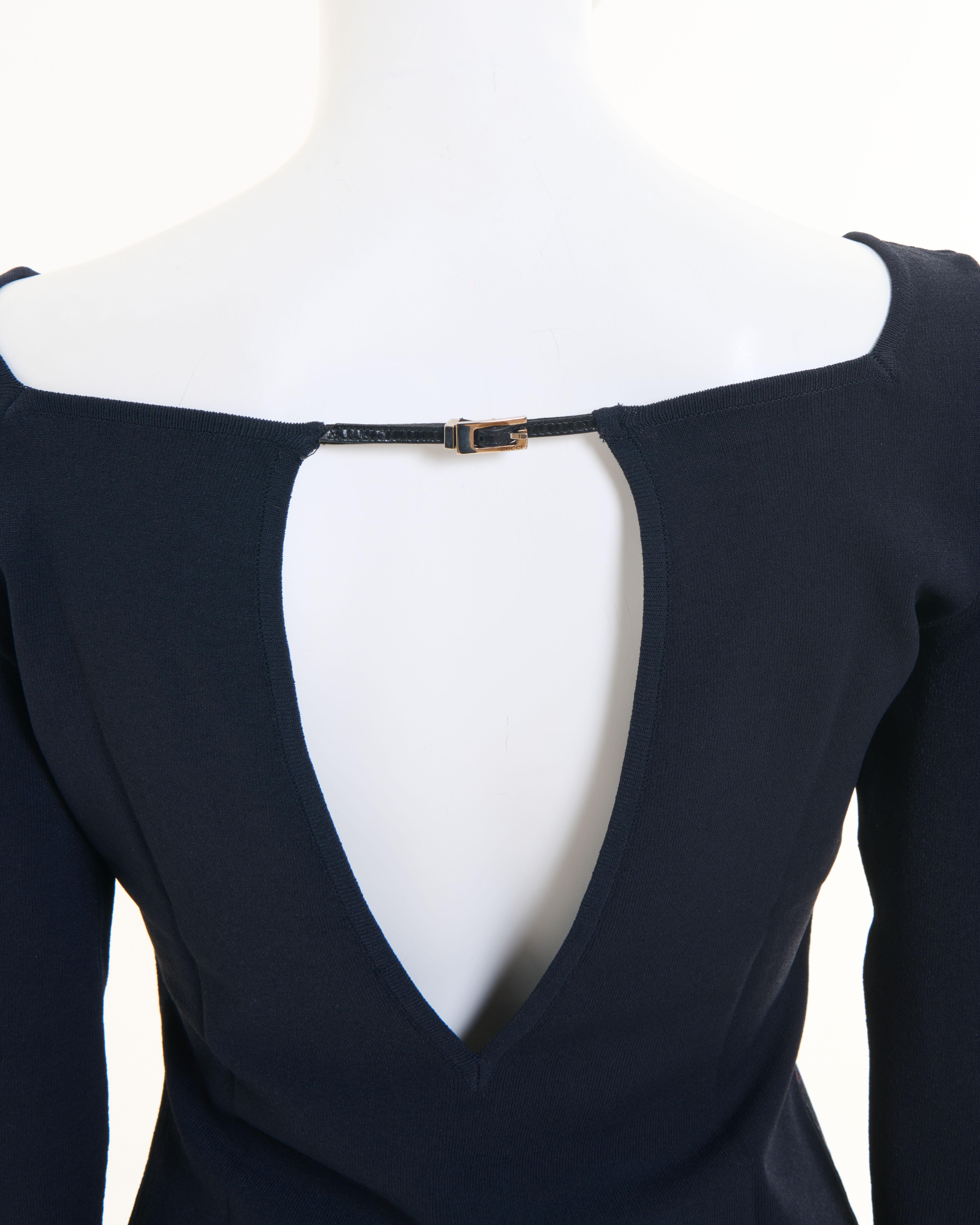 Gucci by Tom Ford S/S 1998 Black G-string logo buckle stretch knit top 4