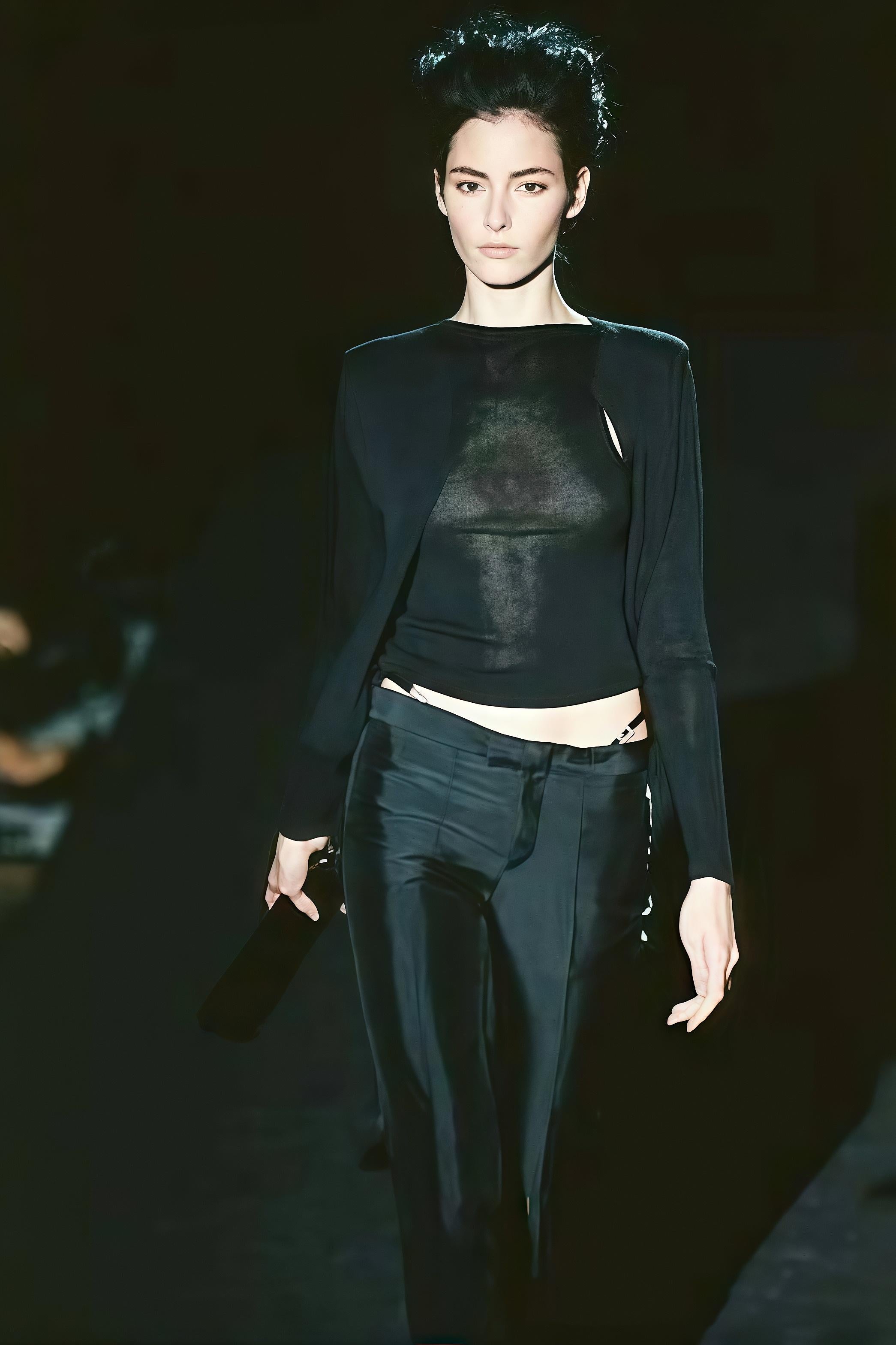 GUCCI By Tom Ford S/s 1998 Black Satin Crystal G String Buckle Pants For Sale 2