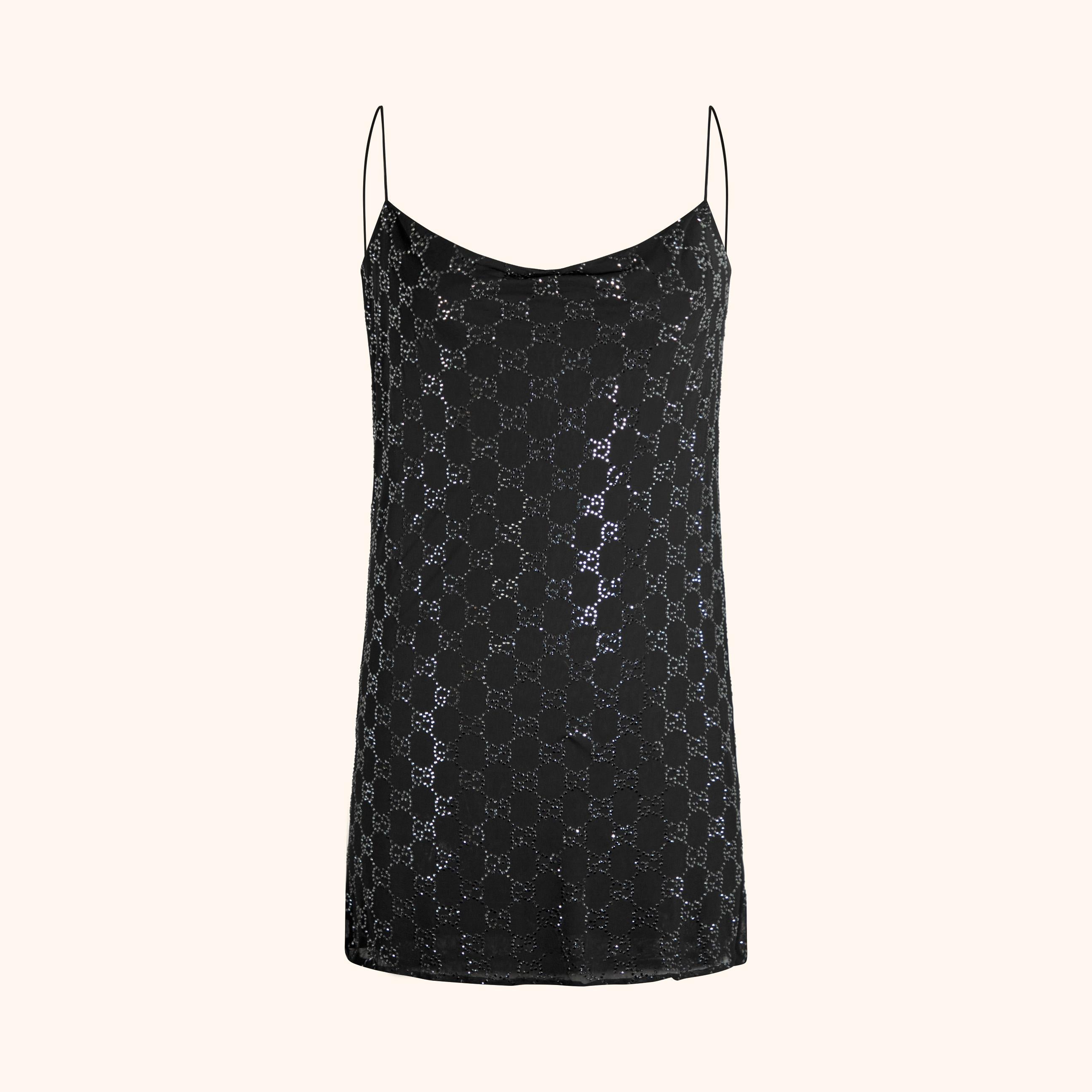 Noir Gucci by Tom Ford S/S 1998 - Mini robe en mousseline de soie GG ornée de cristaux en vente