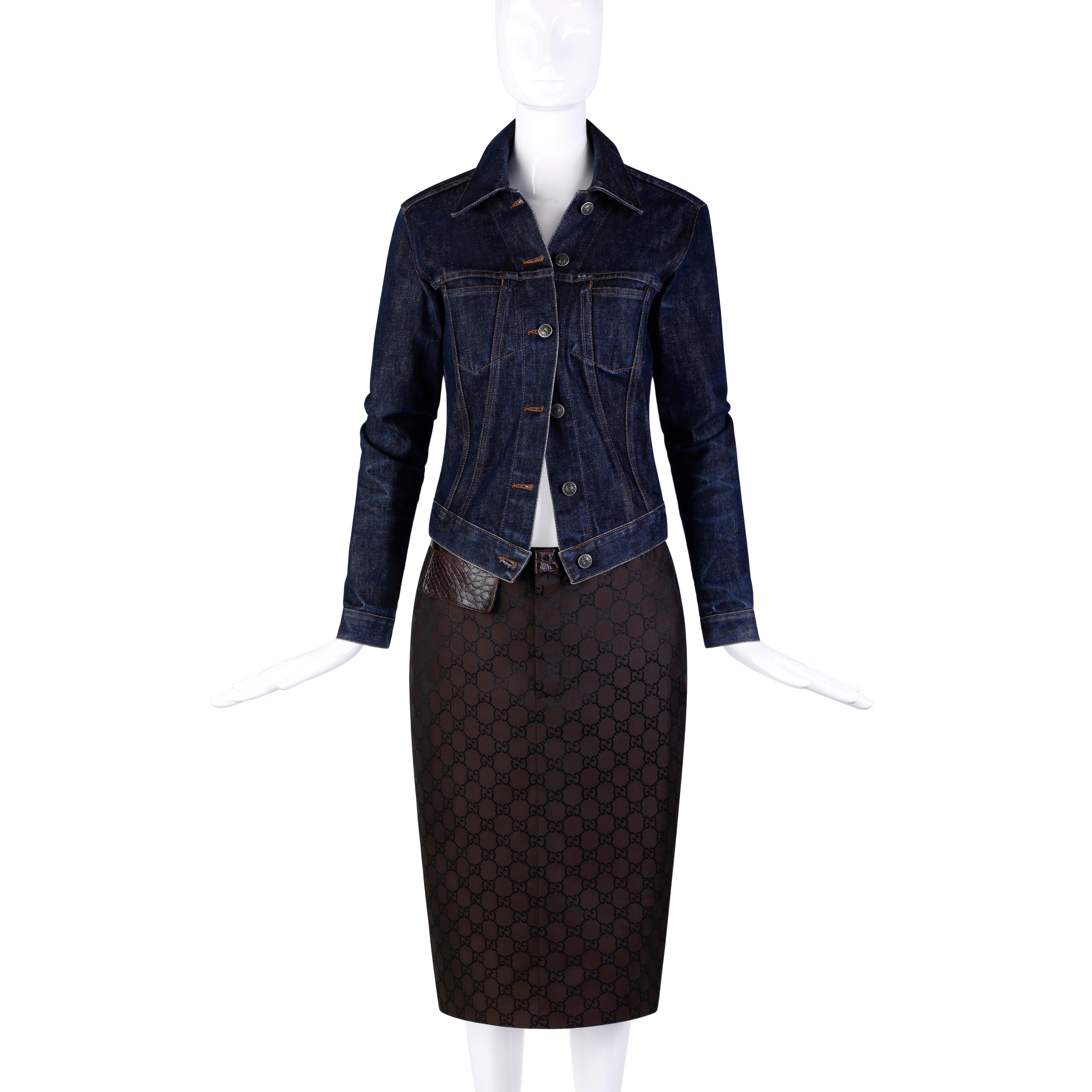 Designed by Tom Ford for the Gucci Spring/Summer 1998 collection. Skirt features a jacquard Guccissima print throughout. Skirt is accented with genuine alligator leather along waistband 
and a single flap pocket accent at right hip. Denim jacket