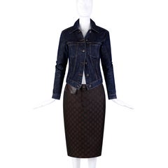 Gucci by Tom Ford S/S 1998 "GG" Print Leather Accented Skirt & Denim Jacket Set