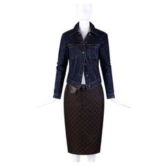 Retro Gucci by Tom Ford S/S 1998 "GG" Print Leather Accented Skirt & Denim Jacket Set