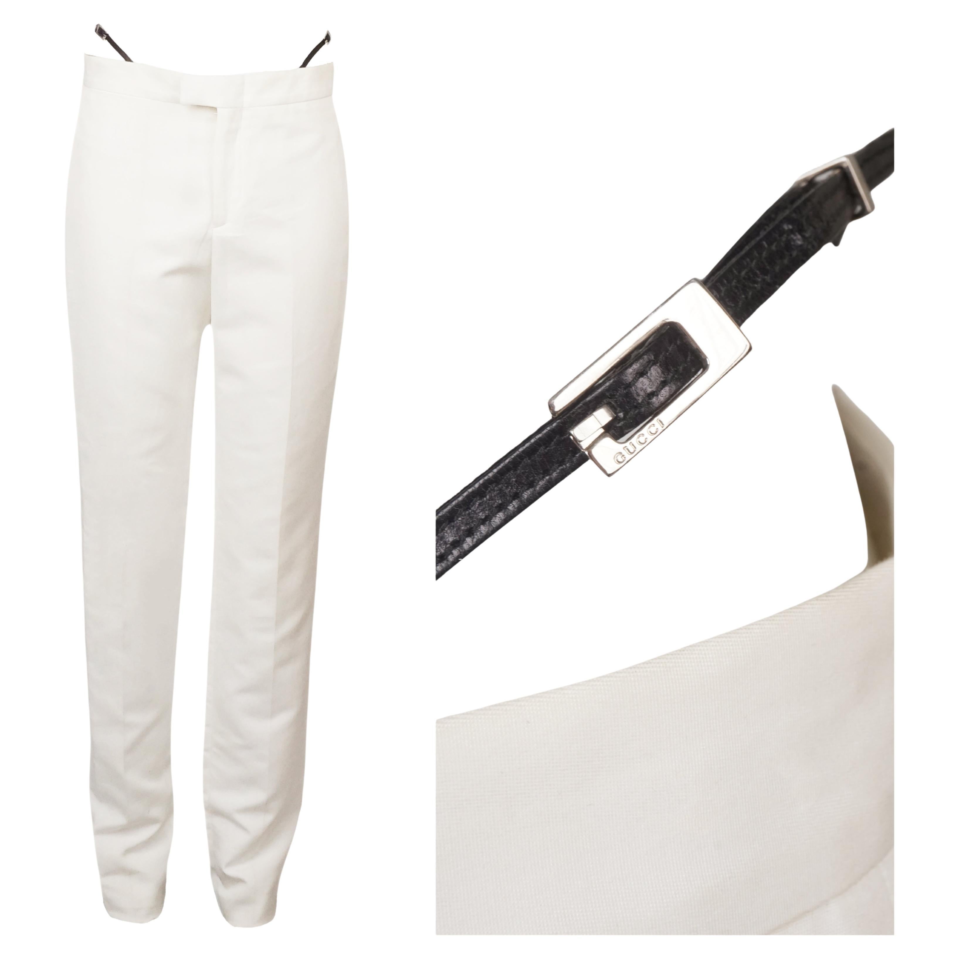 GUCCI By Tom Ford S/s 1998 White Metal G String Buckle Pants For Sale