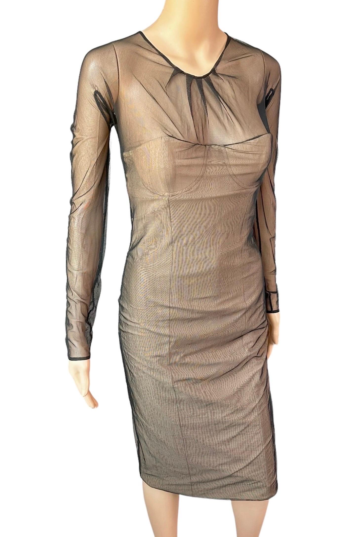 Brown Gucci by Tom Ford S/S 2001 Runway Sheer Tulle Mesh Bustier Corset Midi Dress