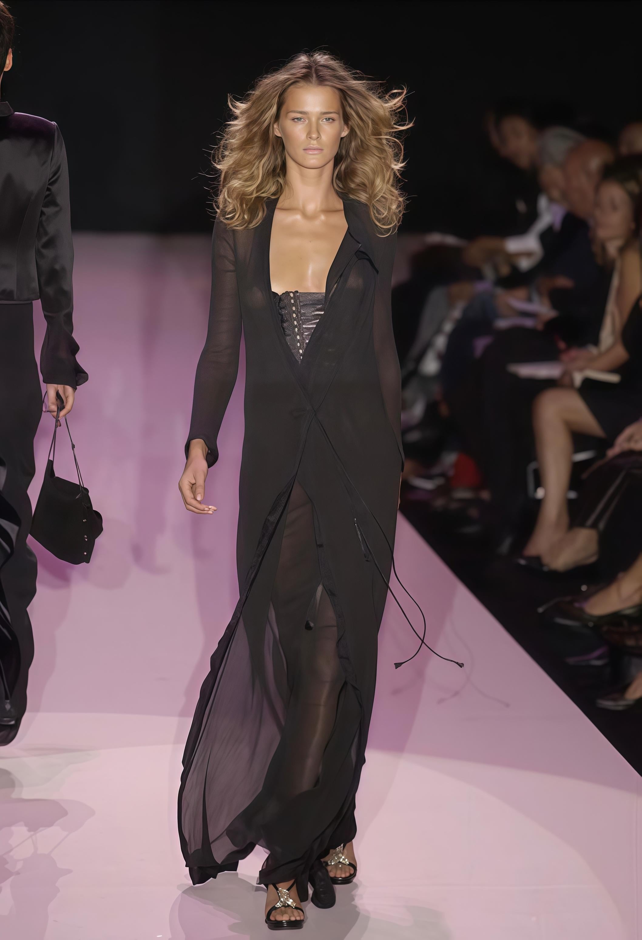 GUCCI By Tom Ford S/s 2002 Sheer Asymmetric Black Duster Coat Maxi Dress Set In Excellent Condition For Sale In 上海市, Xuhui district