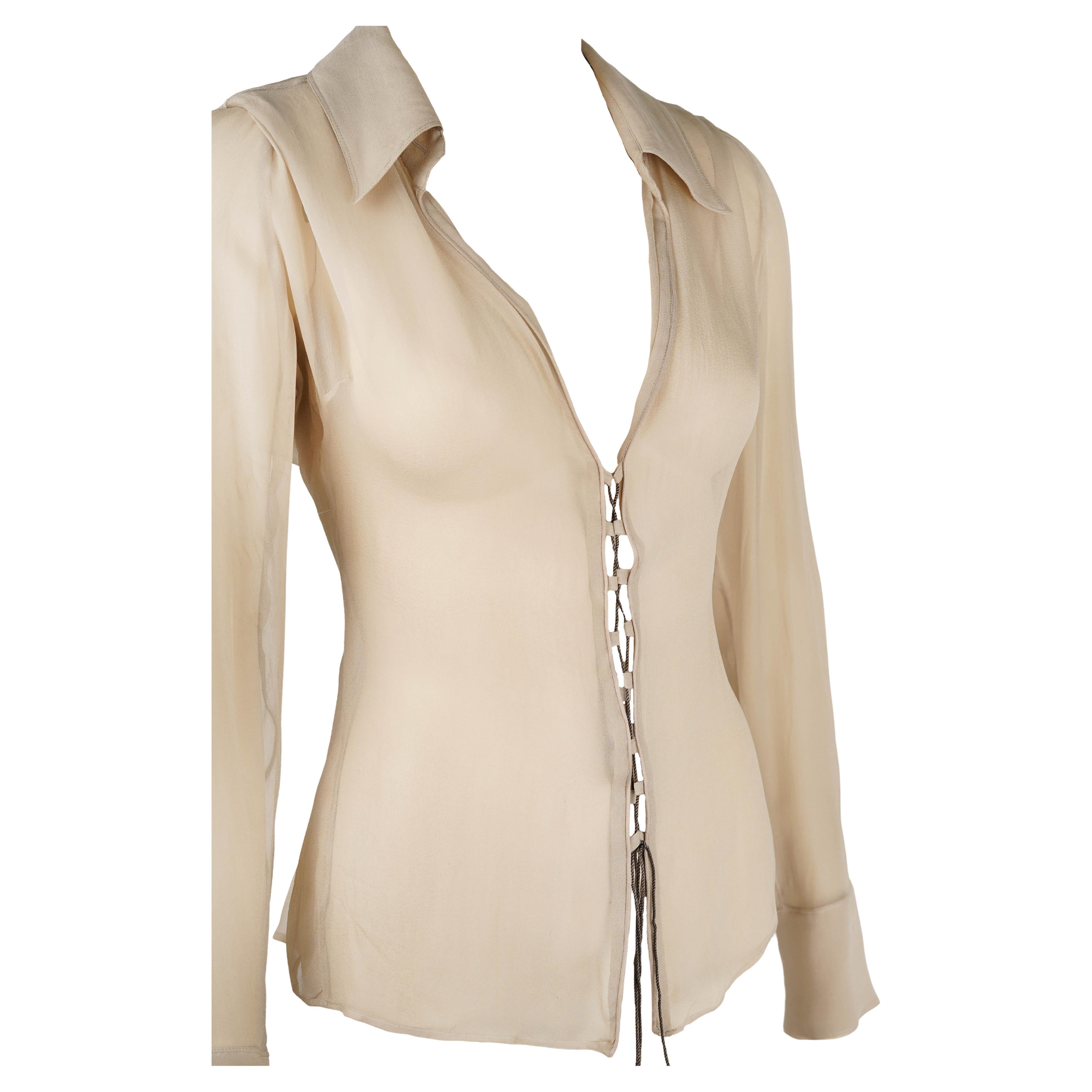 Beige Gucci by Tom Ford S/S 2002 Camicetta in seta trasparente - Made in Italy Taglia M/L S.I.S.M. in vendita