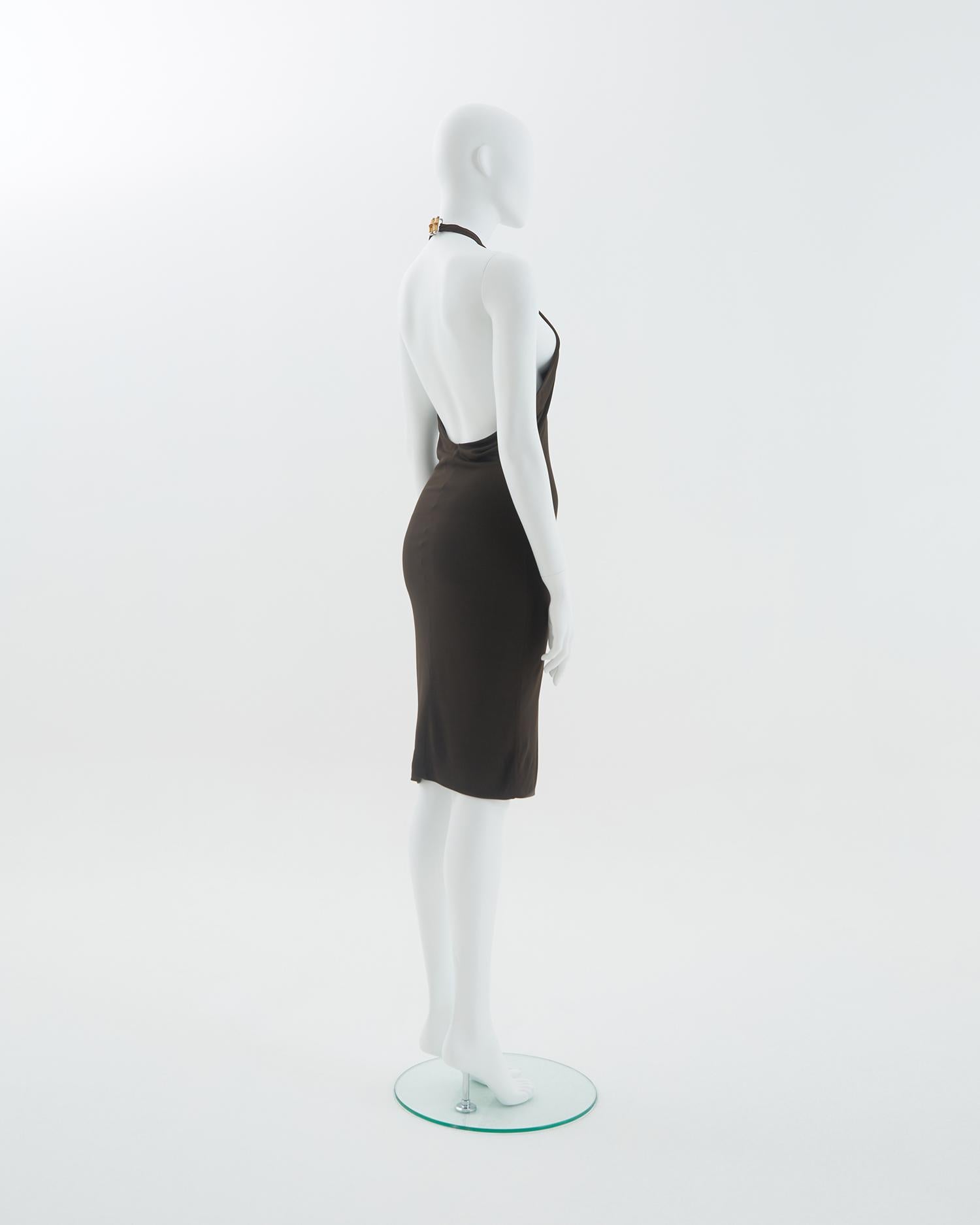 Gucci by Tom Ford S/S 2006 Chocolate brown backless halter bamboo cocktail dress In Excellent Condition For Sale In Milano, IT