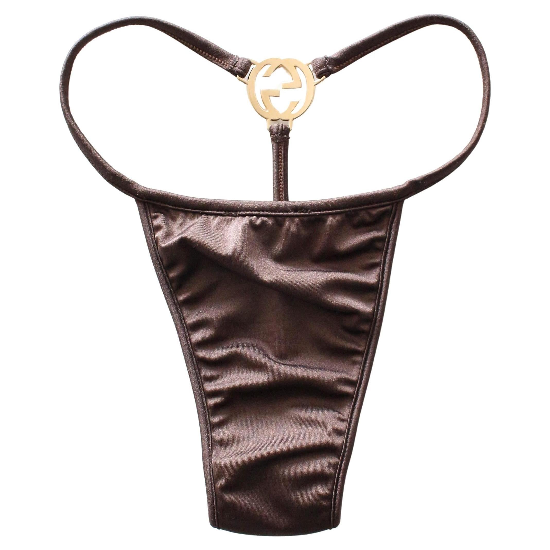 Gucci by Tom Ford S/S97 Brown G-String Gold Metal Logo For Sale