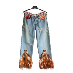 Gucci by Tom Ford S/S99 Distressed Blue Denim Feathered Jeans with Beading