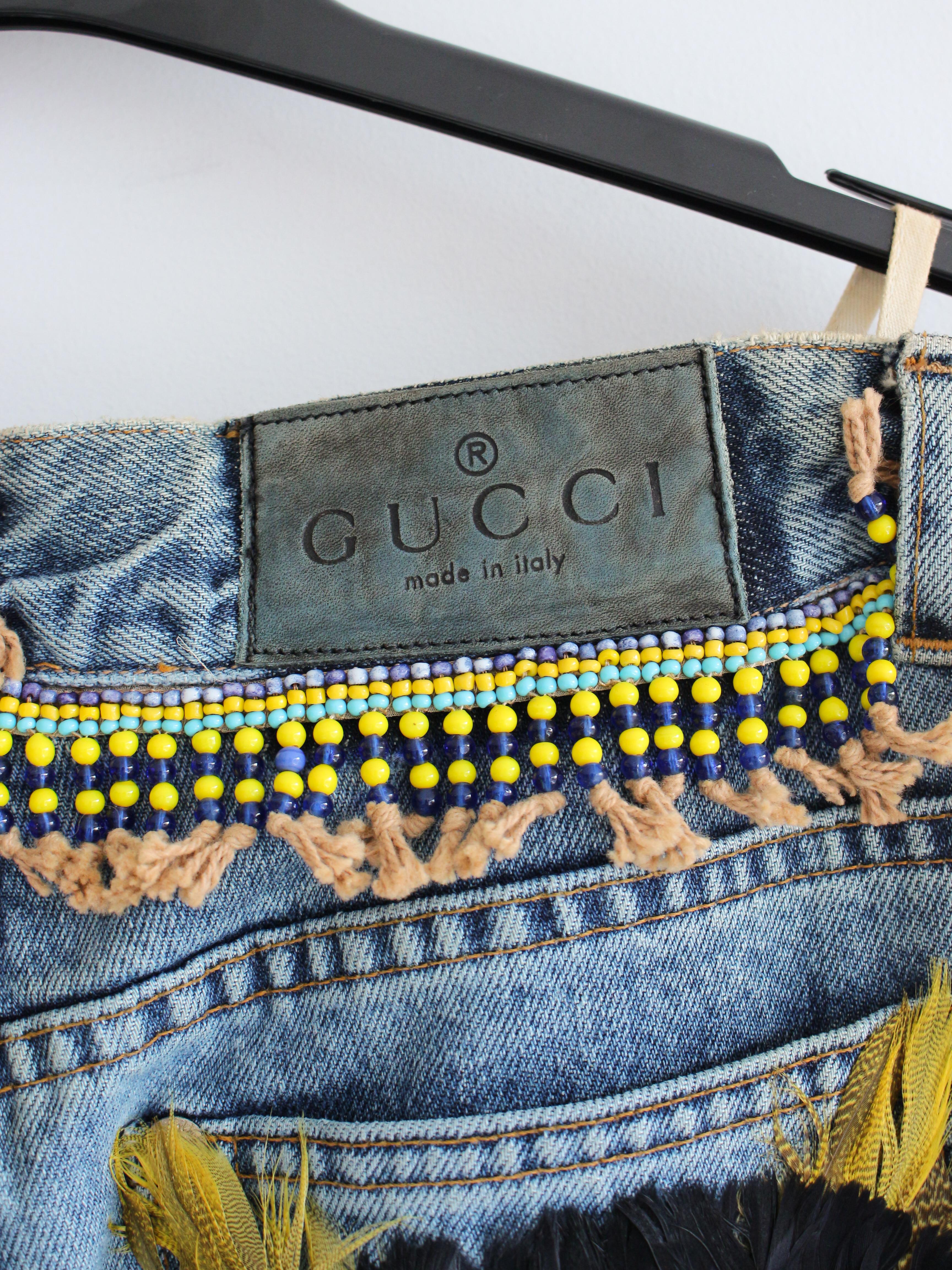 Gucci by Tom Ford S/S99 Runway Distressed Blue Denim Beaded Jeans With Feathers 5