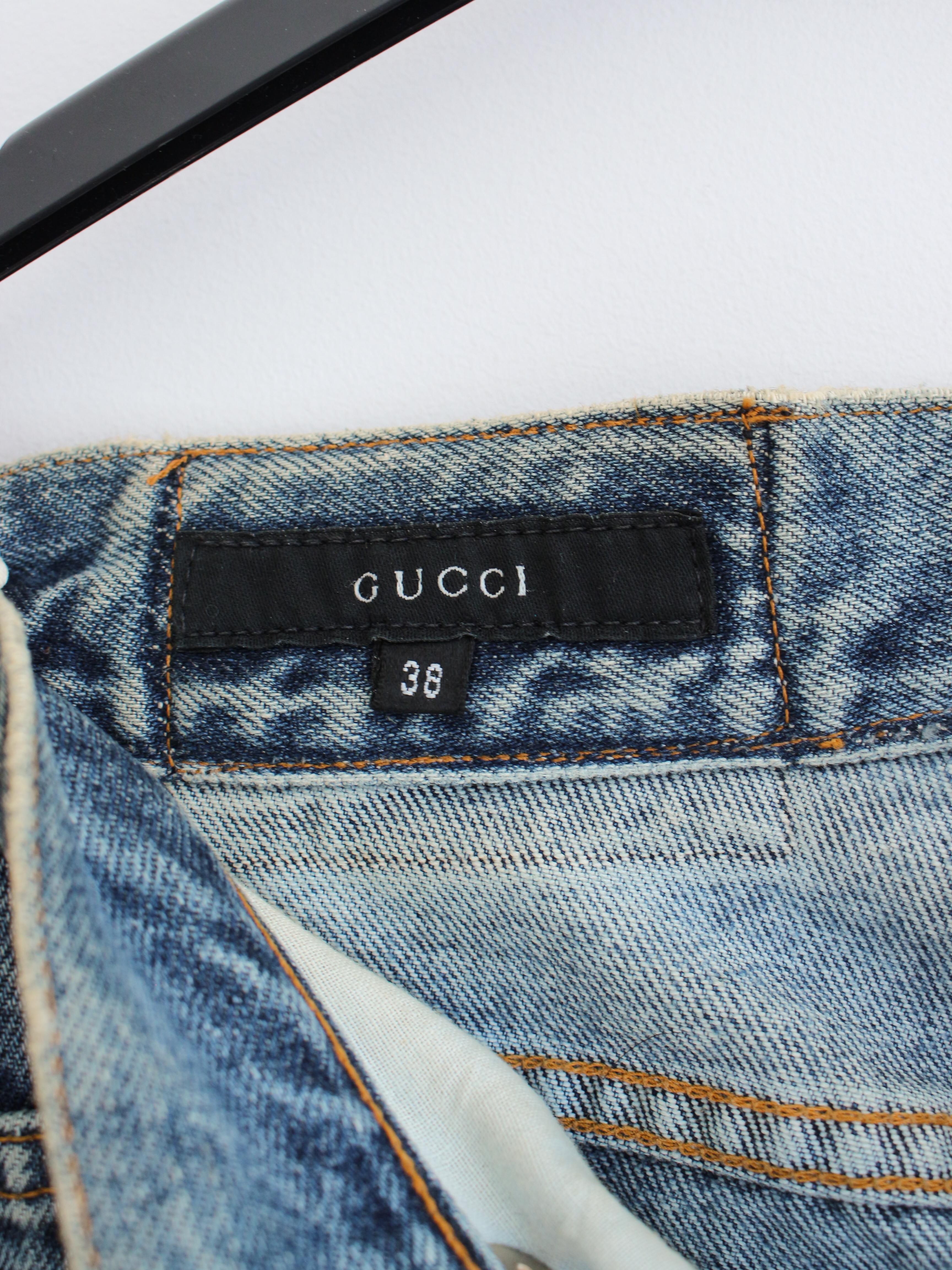 Gucci by Tom Ford S/S99 Runway Distressed Blue Denim Beaded Jeans With Feathers 7