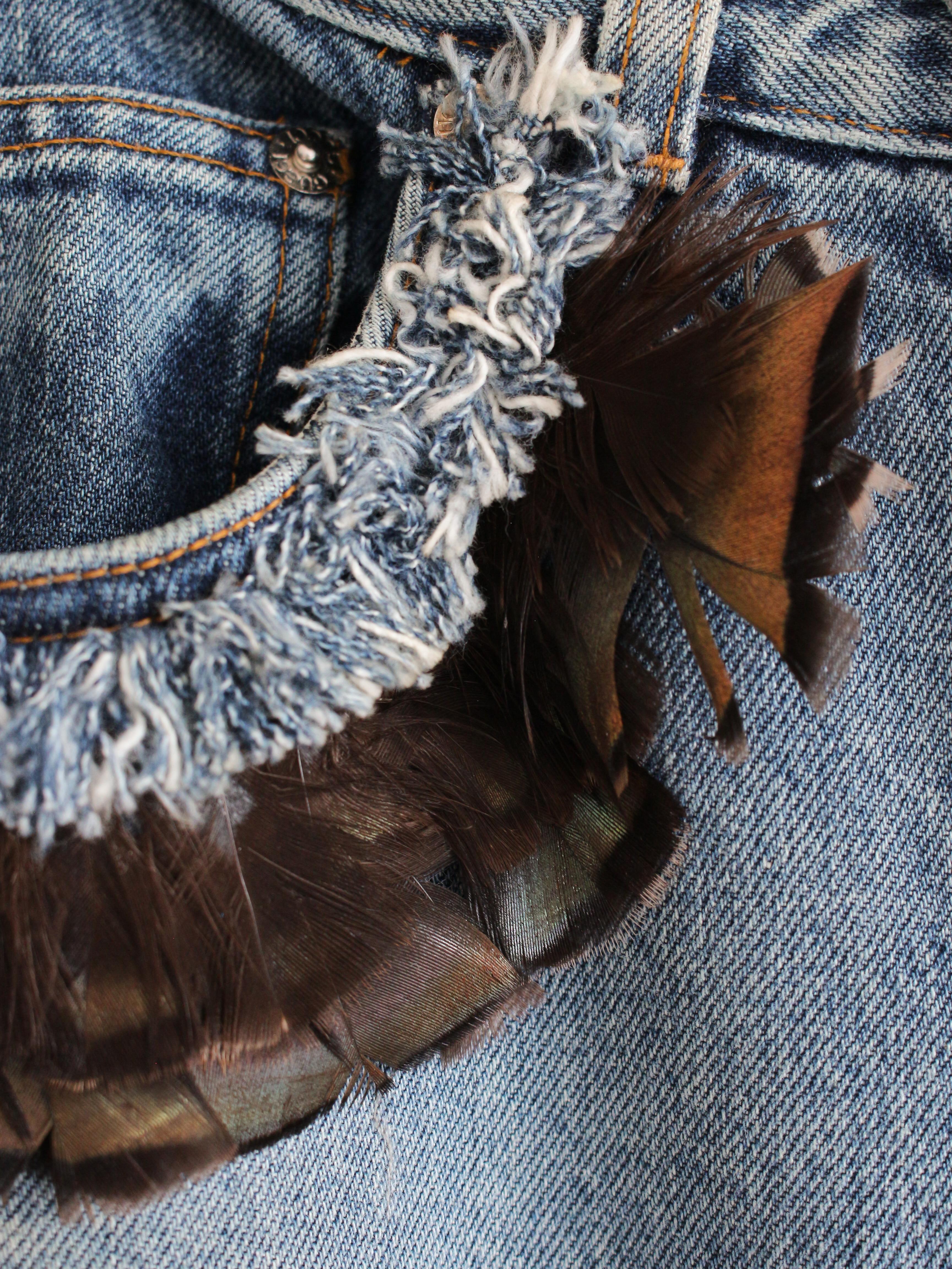 Gucci by Tom Ford S/S99 Runway Distressed Blue Denim Beaded Jeans With Feathers 10