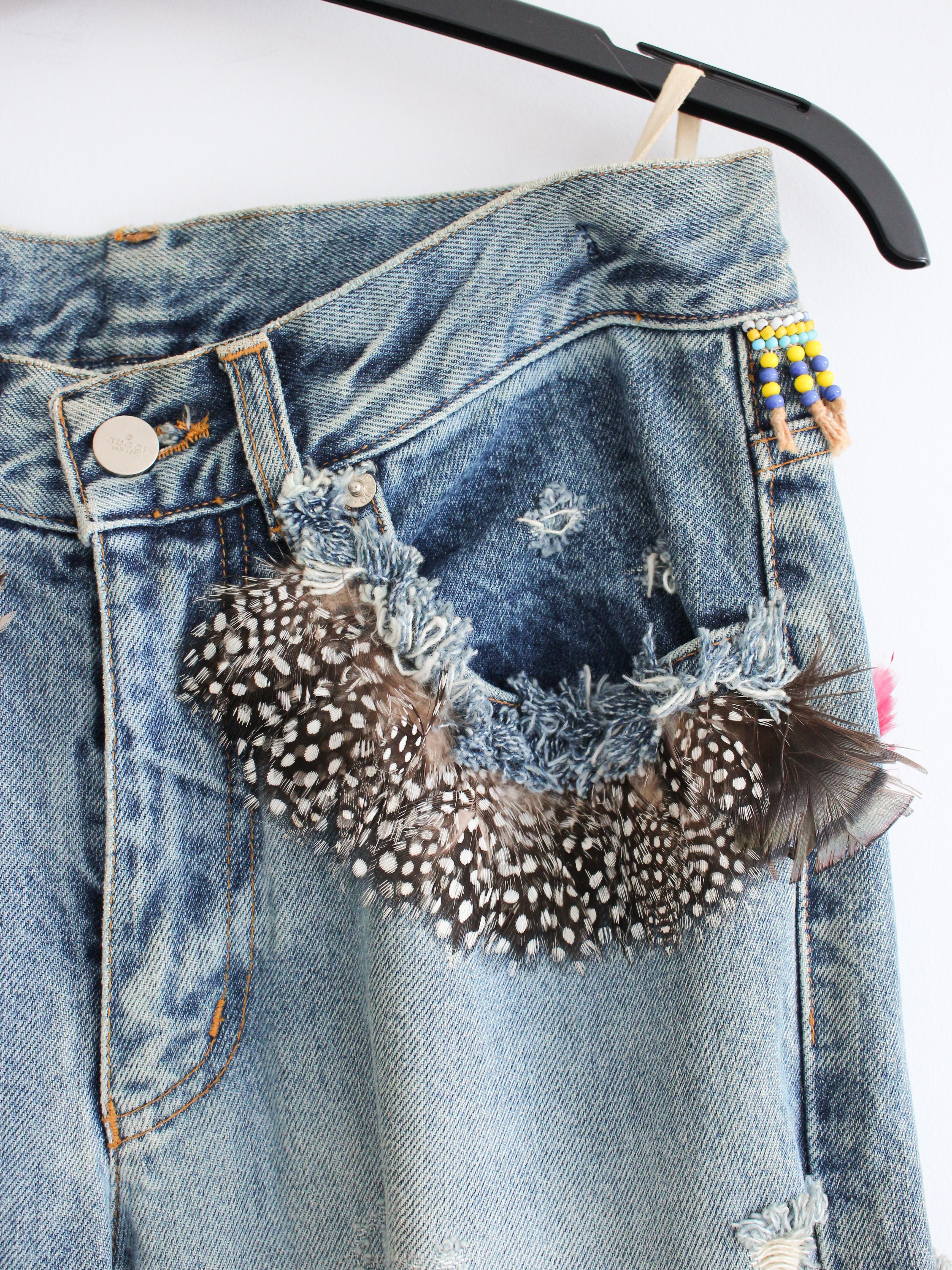 Gucci by Tom Ford S/S99 Runway Distressed Blue Denim Beaded Jeans With Feathers 11