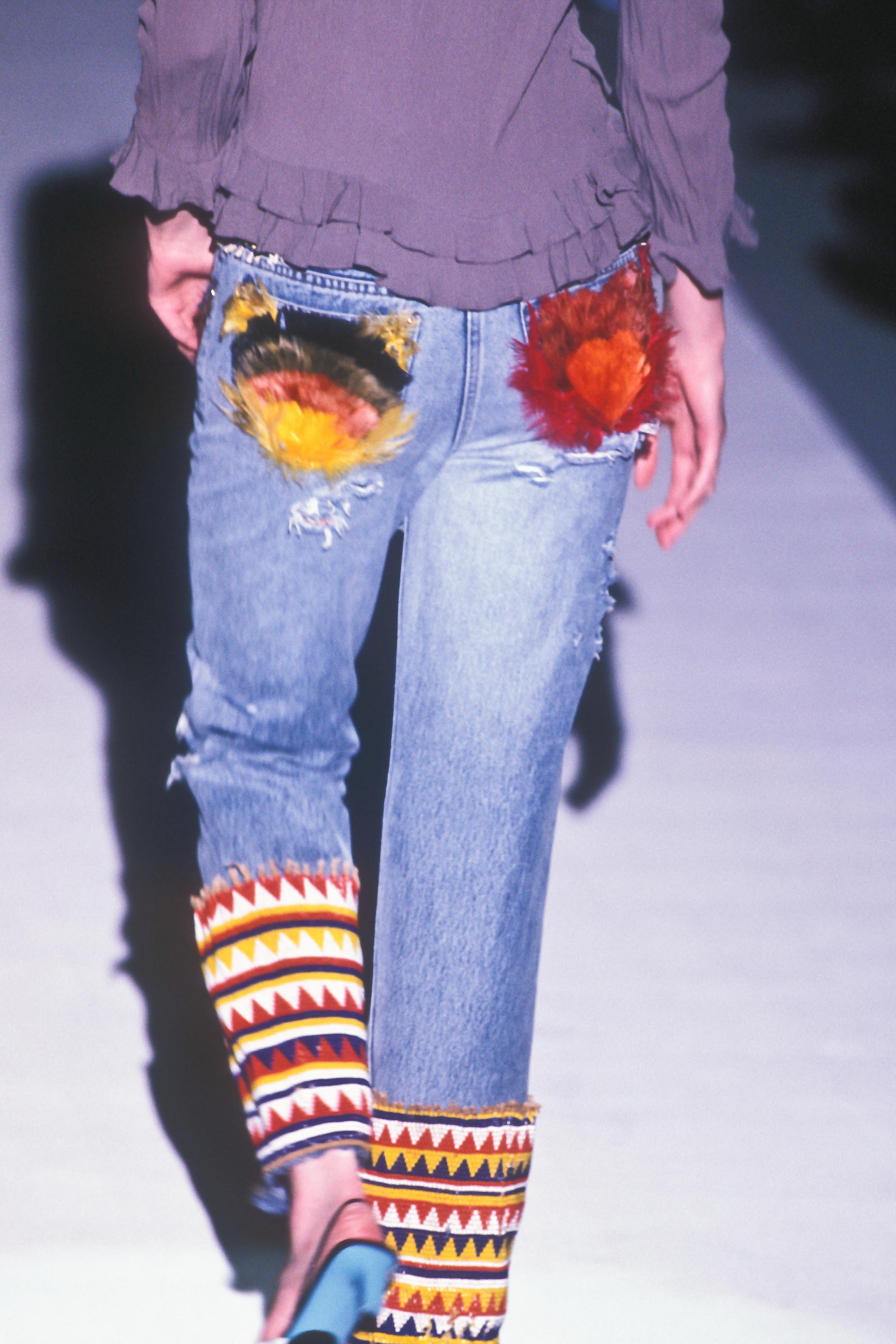 Gray Gucci by Tom Ford S/S99 Runway Distressed Blue Denim Beaded Jeans With Feathers