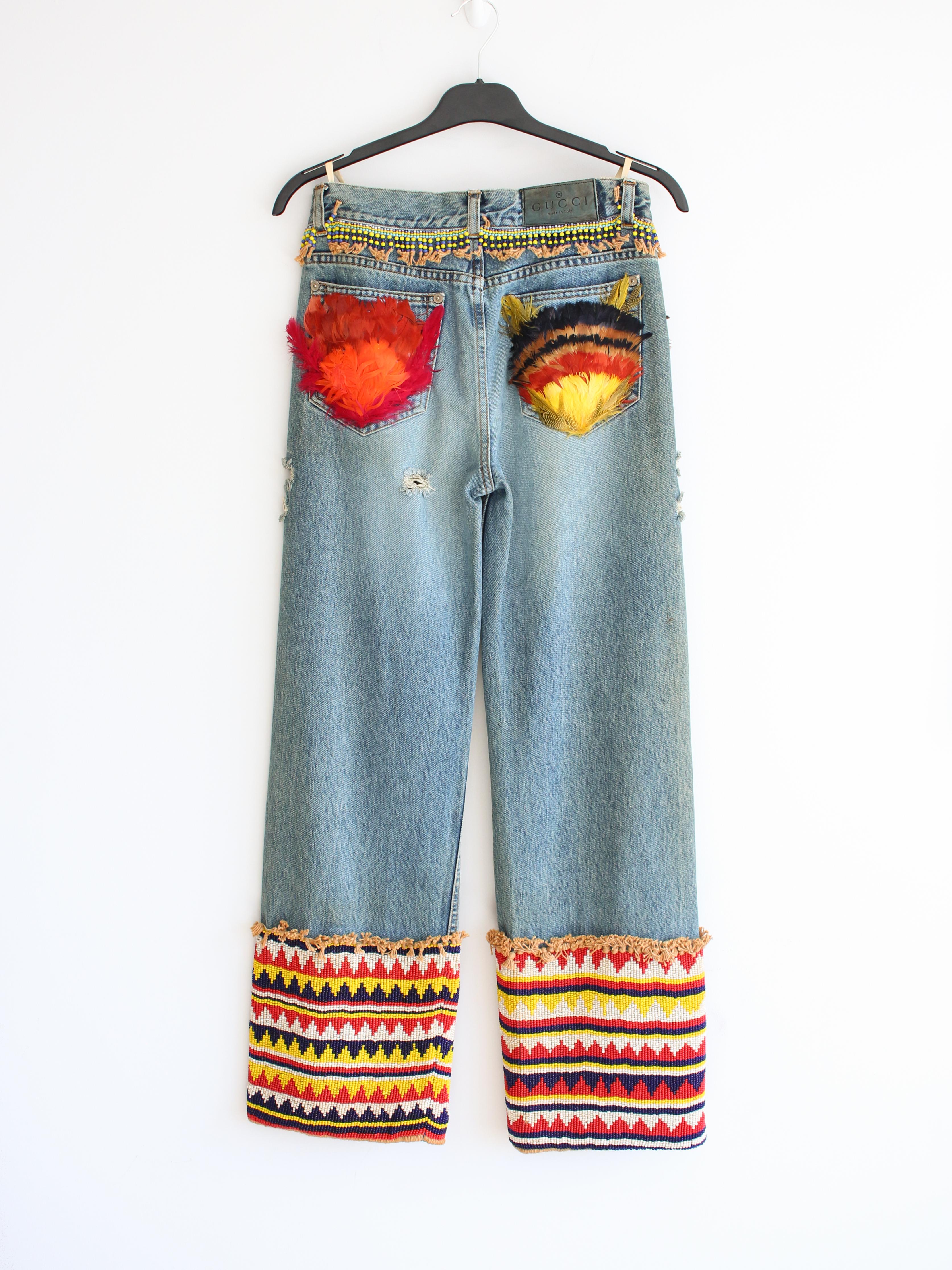 Gucci by Tom Ford S/S99 Runway Distressed Blue Denim Beaded Jeans With Feathers In Good Condition In Manchester, GB