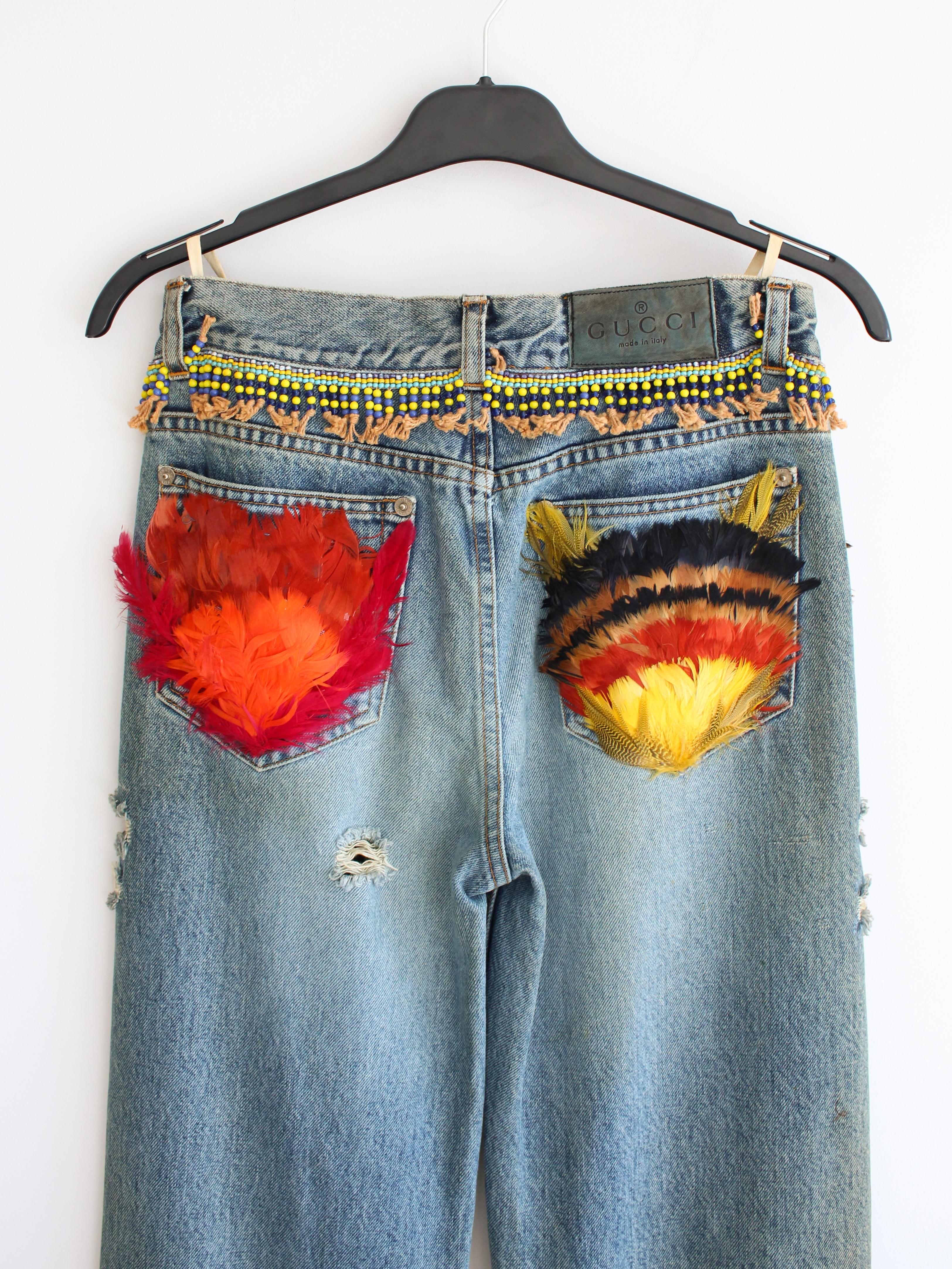 Women's Gucci by Tom Ford S/S99 Runway Distressed Blue Denim Beaded Jeans With Feathers