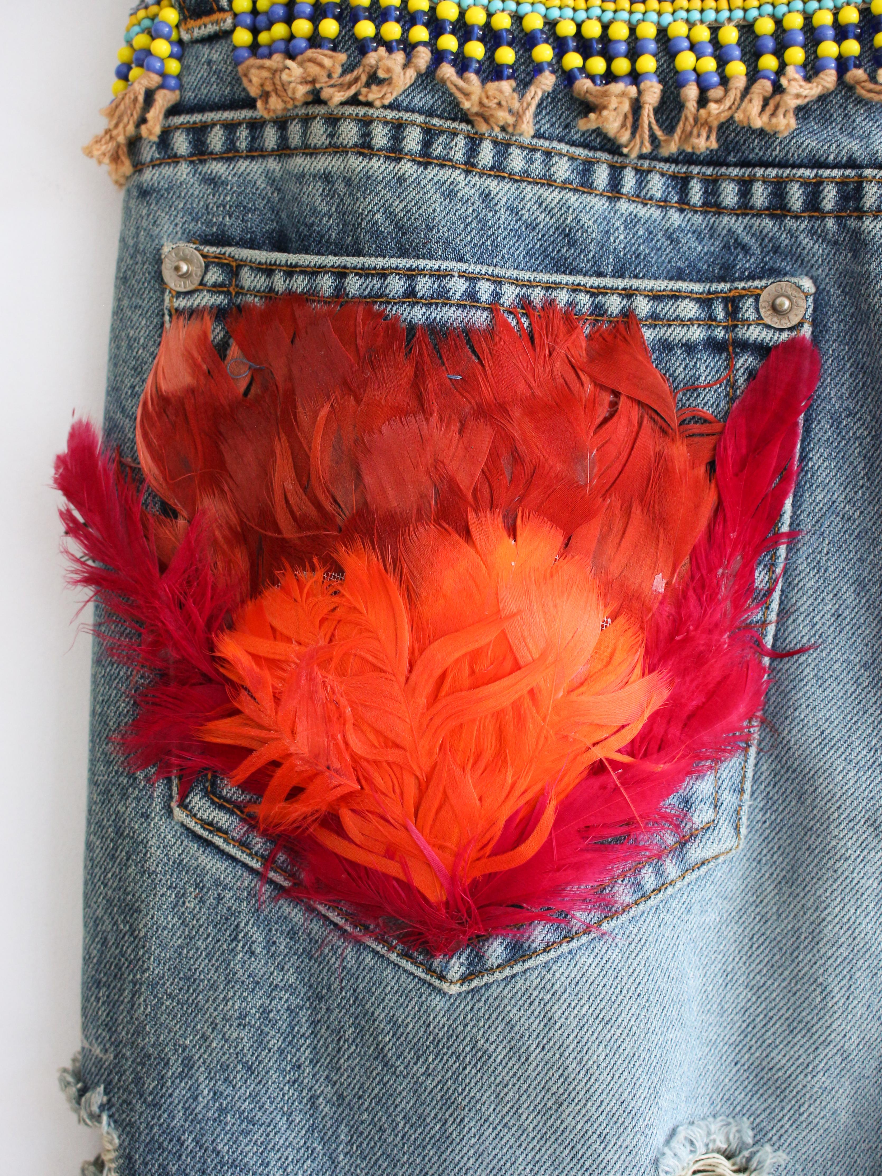 Gucci by Tom Ford S/S99 Runway Distressed Blue Denim Beaded Jeans With Feathers 3