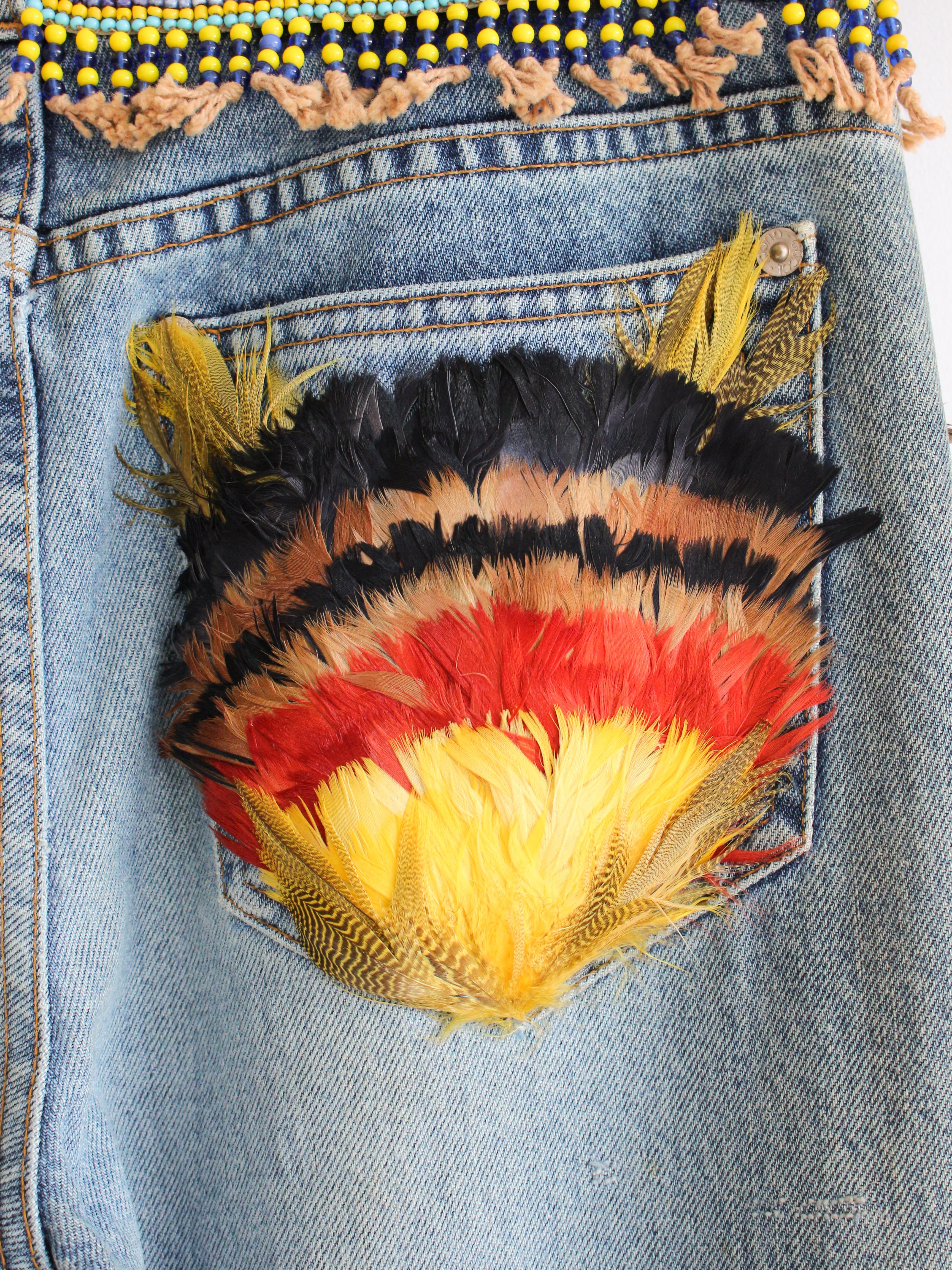 Gucci by Tom Ford S/S99 Runway Distressed Blue Denim Beaded Jeans With Feathers 4
