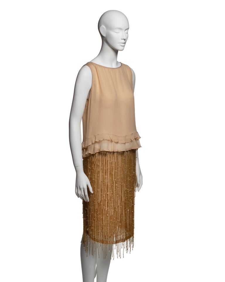Gucci by Tom Ford Silk Ruffle Top and Gold Beaded Fringe Skirt 