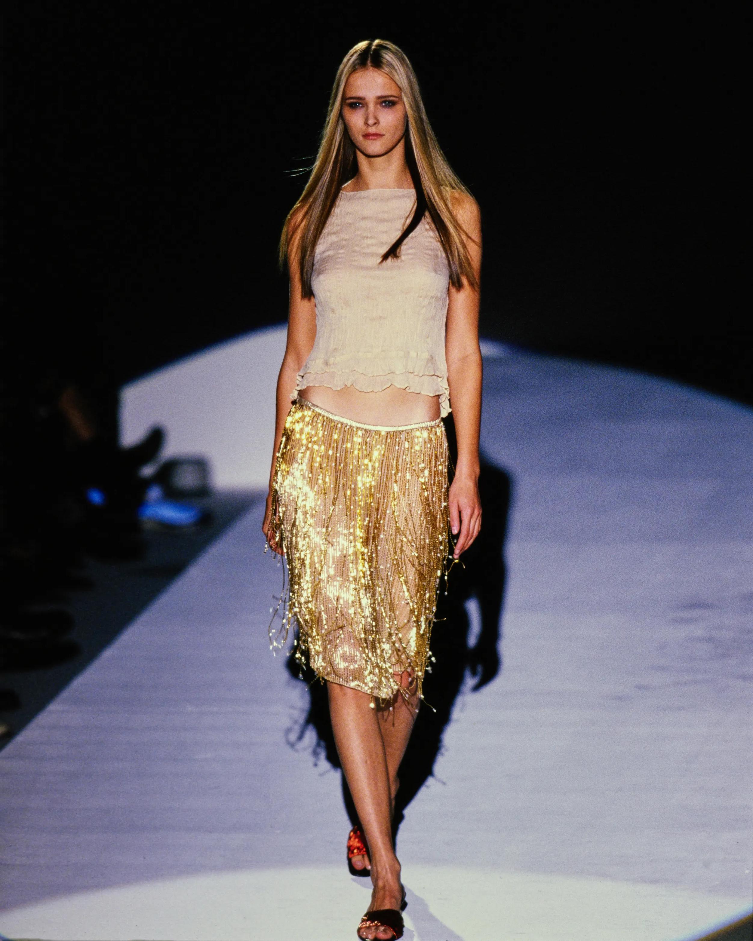 Gucci by Tom Ford Silk Ruffle Top and Gold Beaded Fringe Skirt ensemble, SS 1999 8