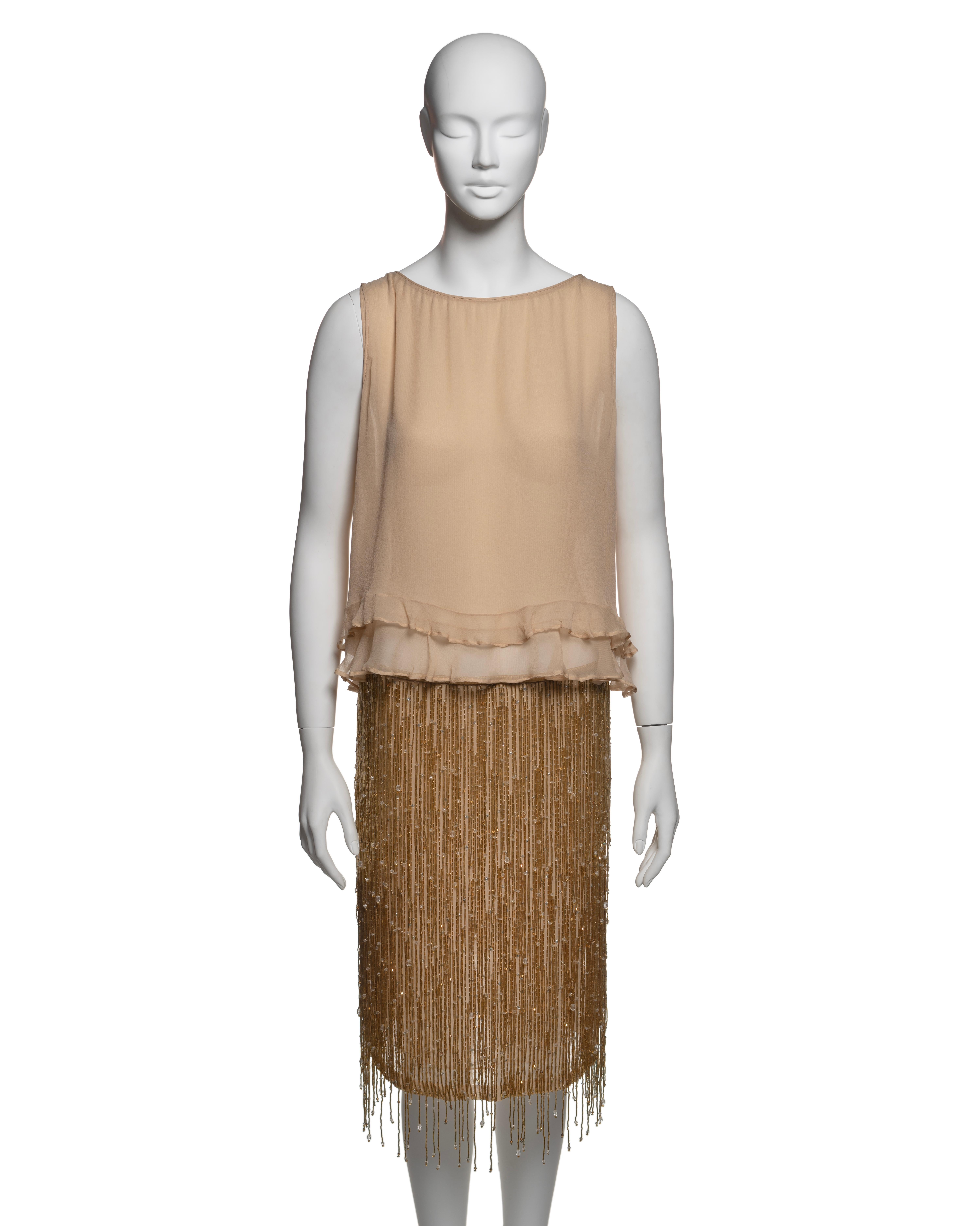 Gucci by Tom Ford Silk Ruffle Top and Gold Beaded Fringe Skirt ensemble, SS 1999 In Excellent Condition In London, GB